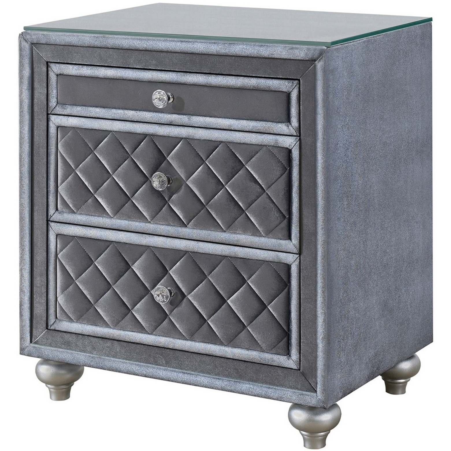 Yin 30 Inch 3 Drawer Nightstand, Glass Top, Crystal Knobs, Gray Velvet