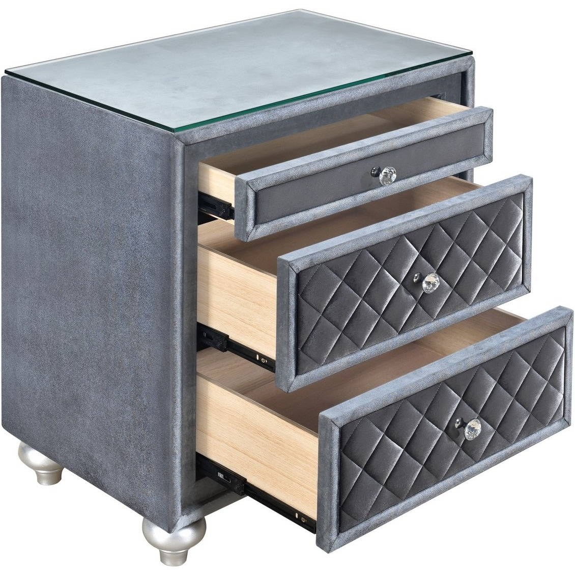 Yin 30 Inch 3 Drawer Nightstand, Glass Top, Crystal Knobs, Gray Velvet