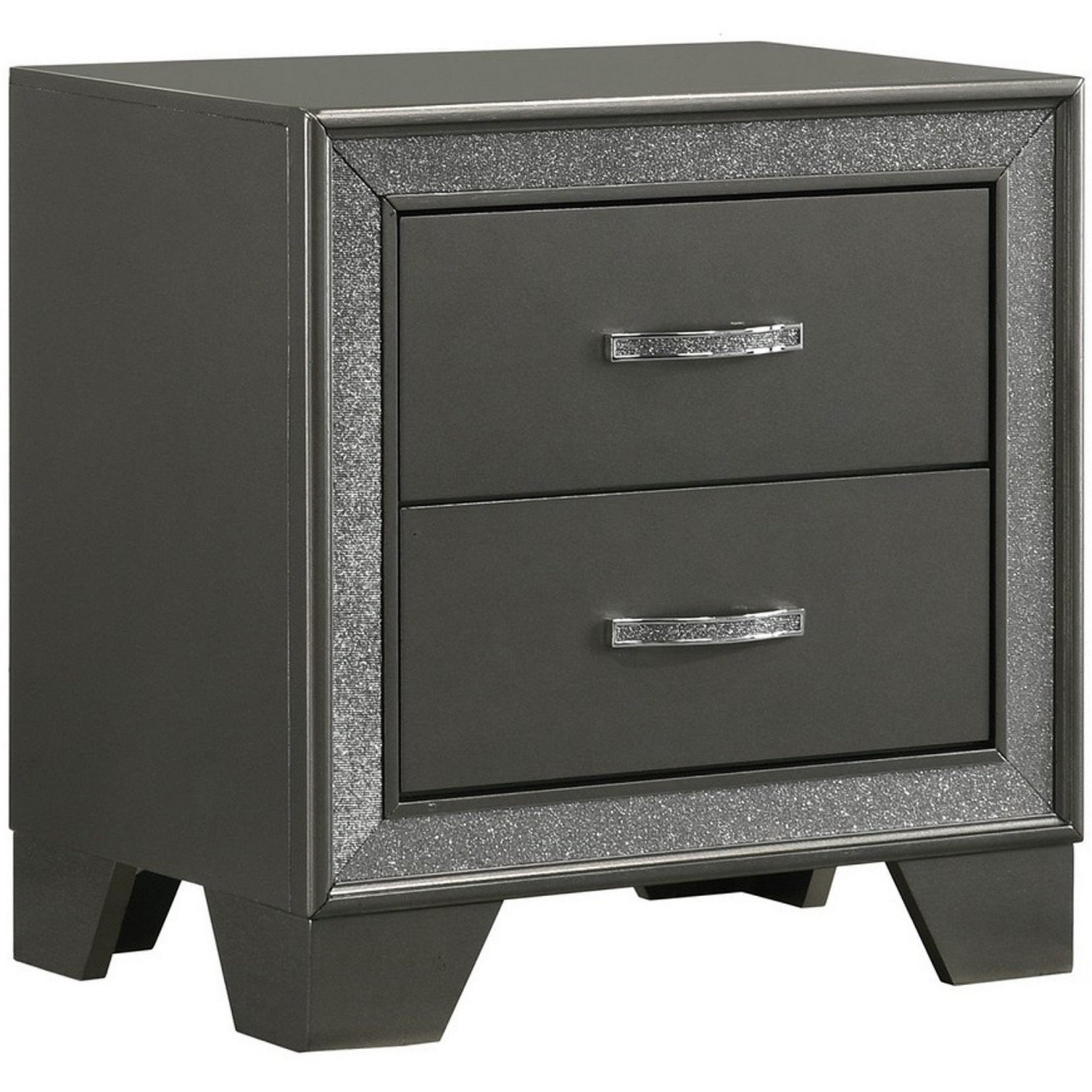 Zula 24 Inch 2 Drawer Nightstand, Faux Diamond Trim, Metal Handles, Gray