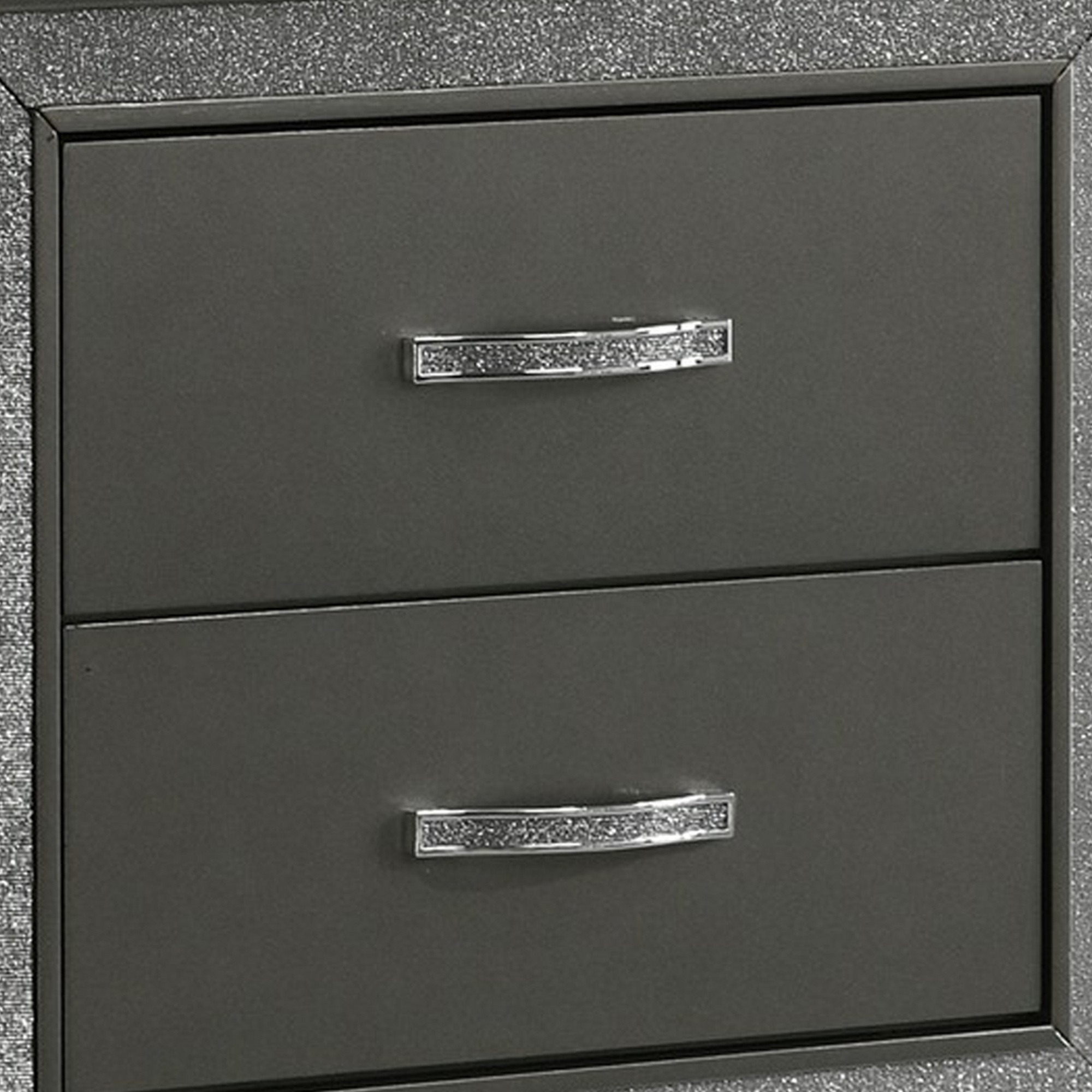 Zula 24 Inch 2 Drawer Nightstand, Faux Diamond Trim, Metal Handles, Gray