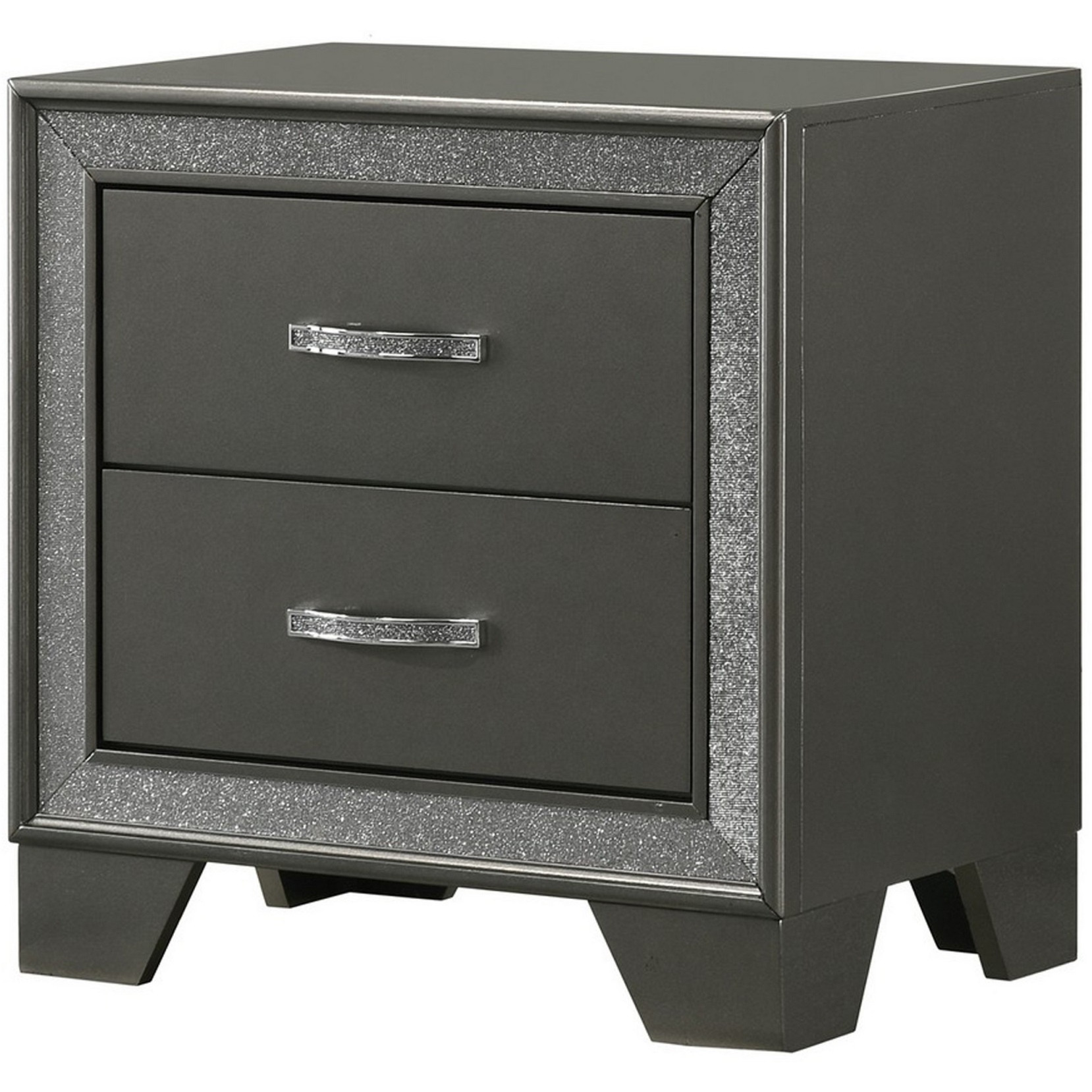 Zula 24 Inch 2 Drawer Nightstand, Faux Diamond Trim, Metal Handles, Gray