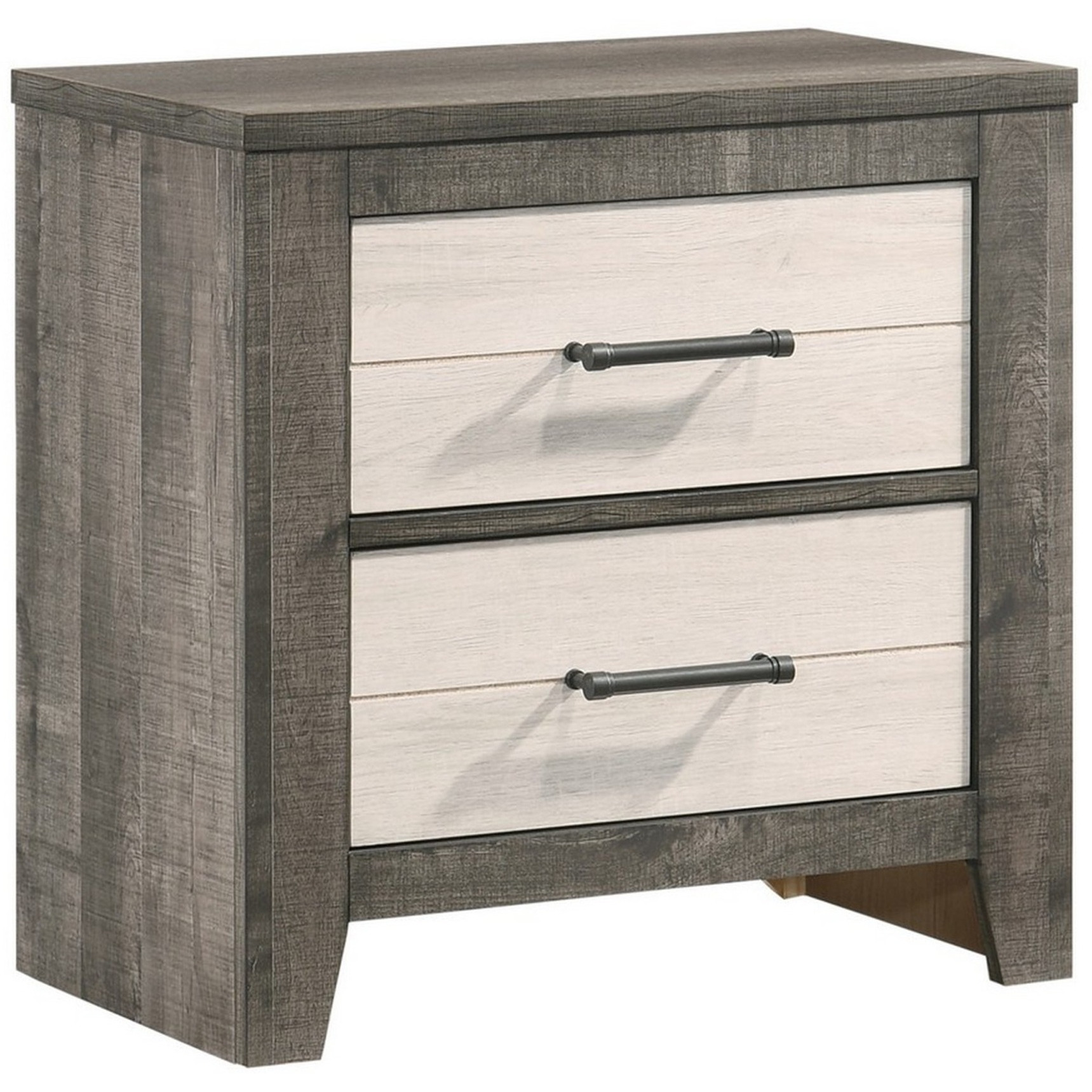 Yaz 25 Inch Modern 2 Drawer Nightstand, Bar Metal Handles, White and Gray
