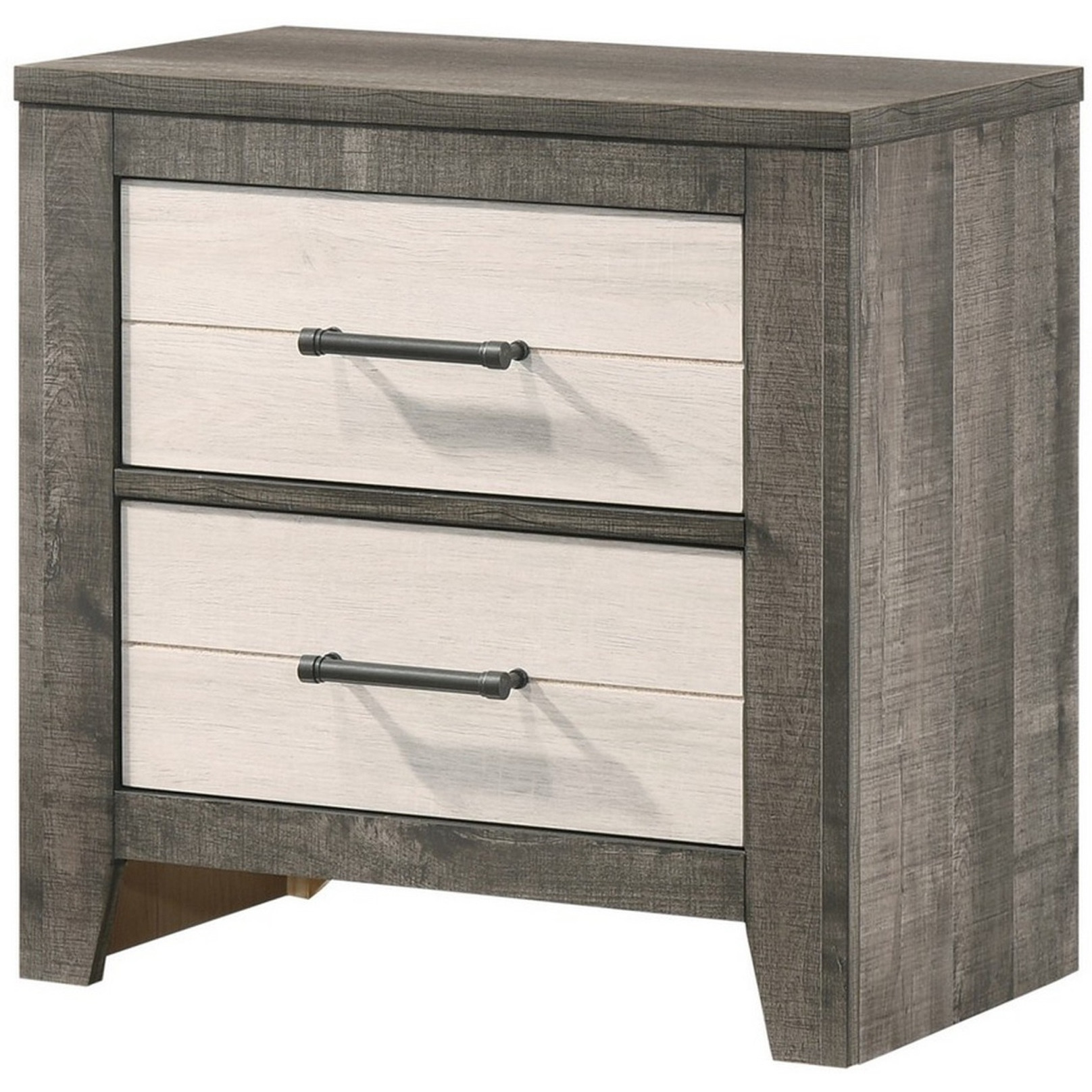 Yaz 25 Inch Modern 2 Drawer Nightstand, Bar Metal Handles, White and Gray