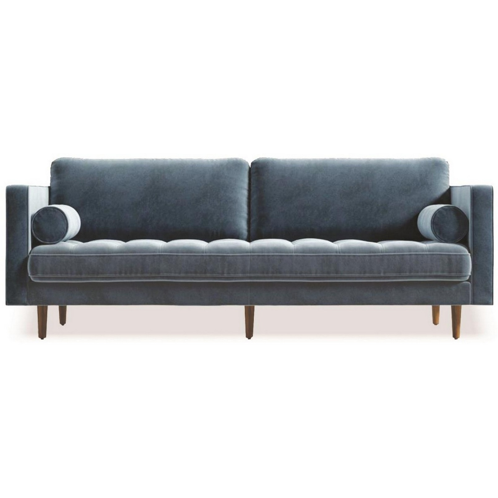 Yuko 88 Inch Loveseat with 2 Rolled Pillows, Soft Blue Velvet Upholstery