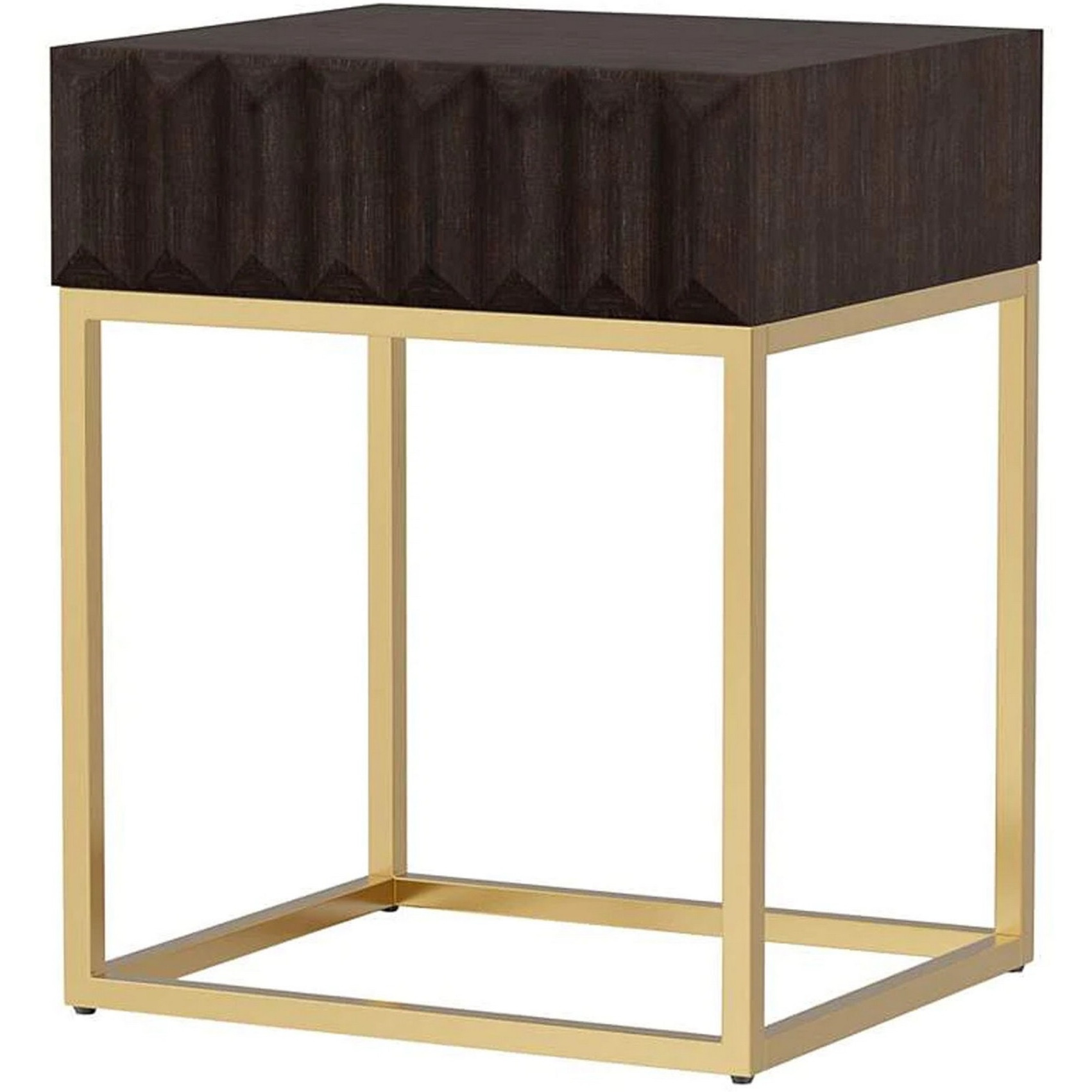 Bran 24 Inch Modern Side End Table, Brown Wood, Gold Steel Base, 1 Drawer