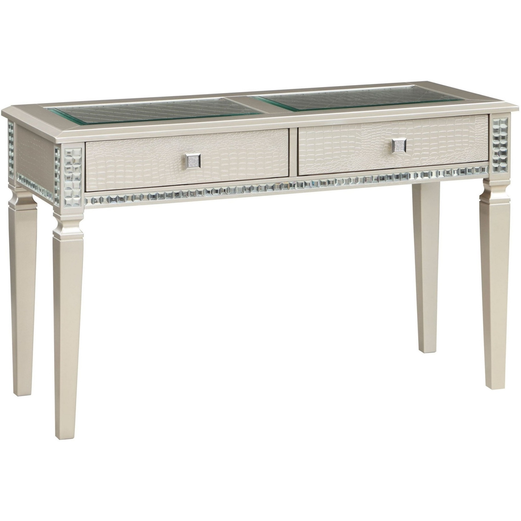 Trace 48 Inch Sofa Console Table, Glass Top, 2 Drawers, Mirror Inserts