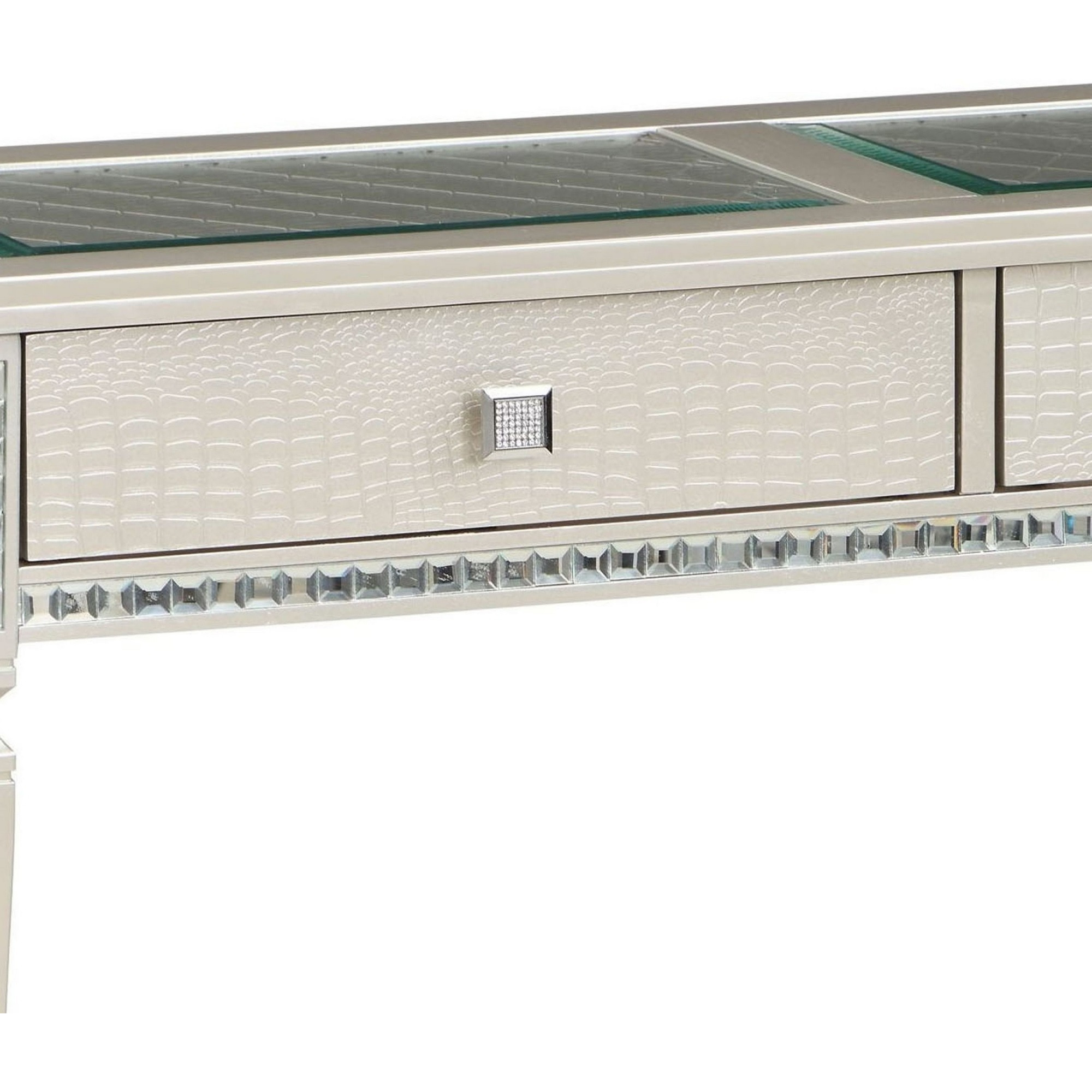Trace 48 Inch Sofa Console Table, Glass Top, 2 Drawers, Mirror Inserts