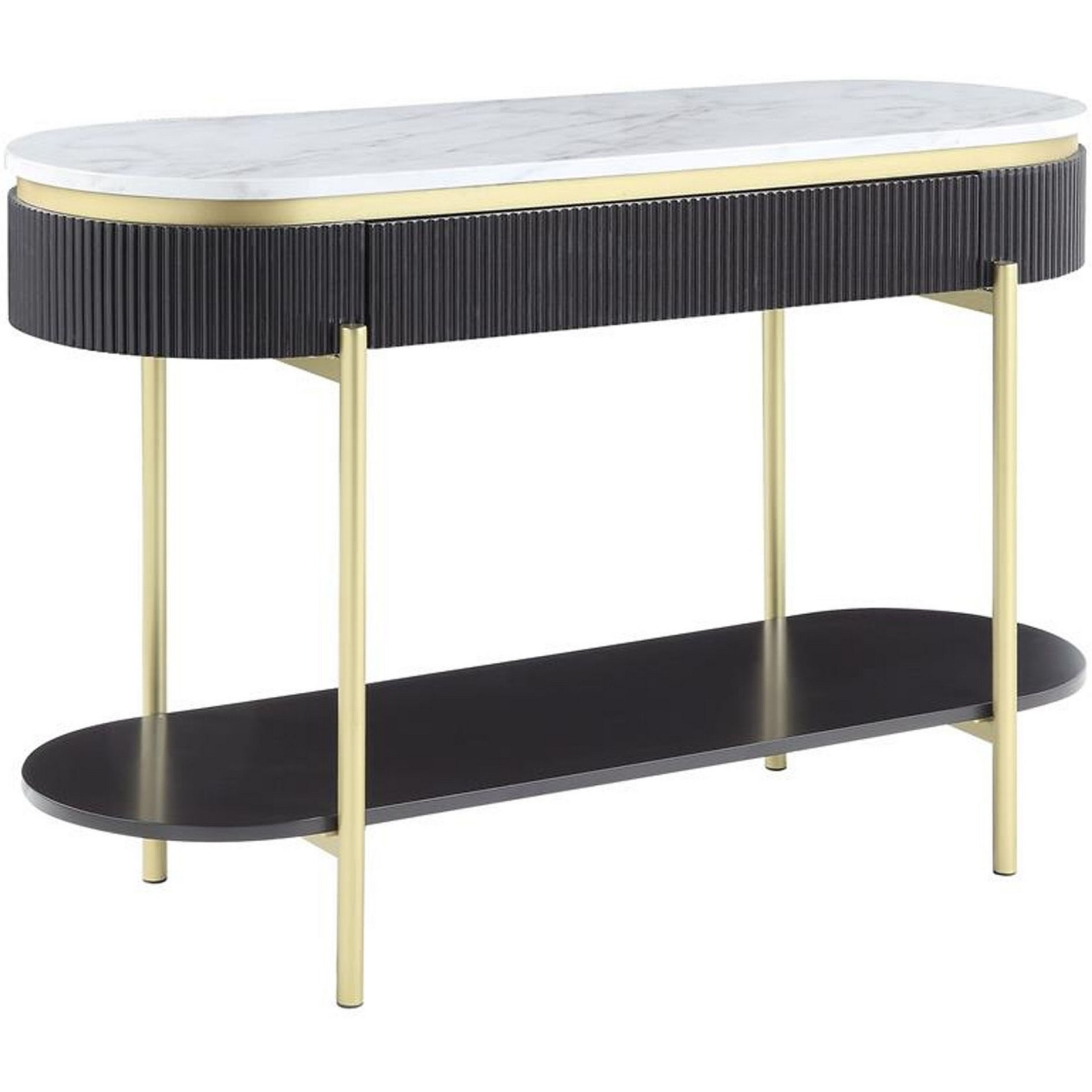 Ville 48 Inch Oblong Sofa Console Table, White Faux Marble Top, Reeded Edge