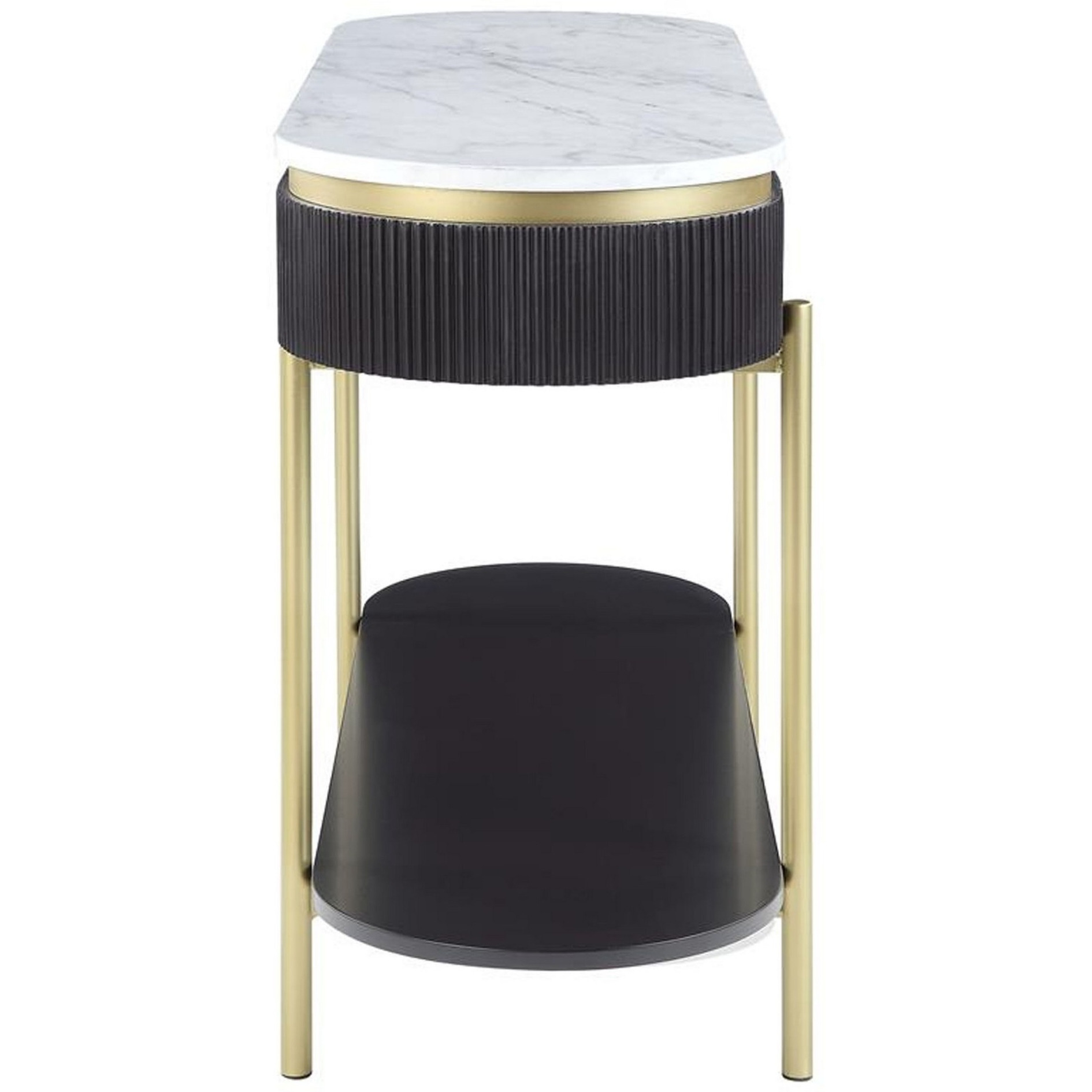 Ville 48 Inch Oblong Sofa Console Table, White Faux Marble Top, Reeded Edge