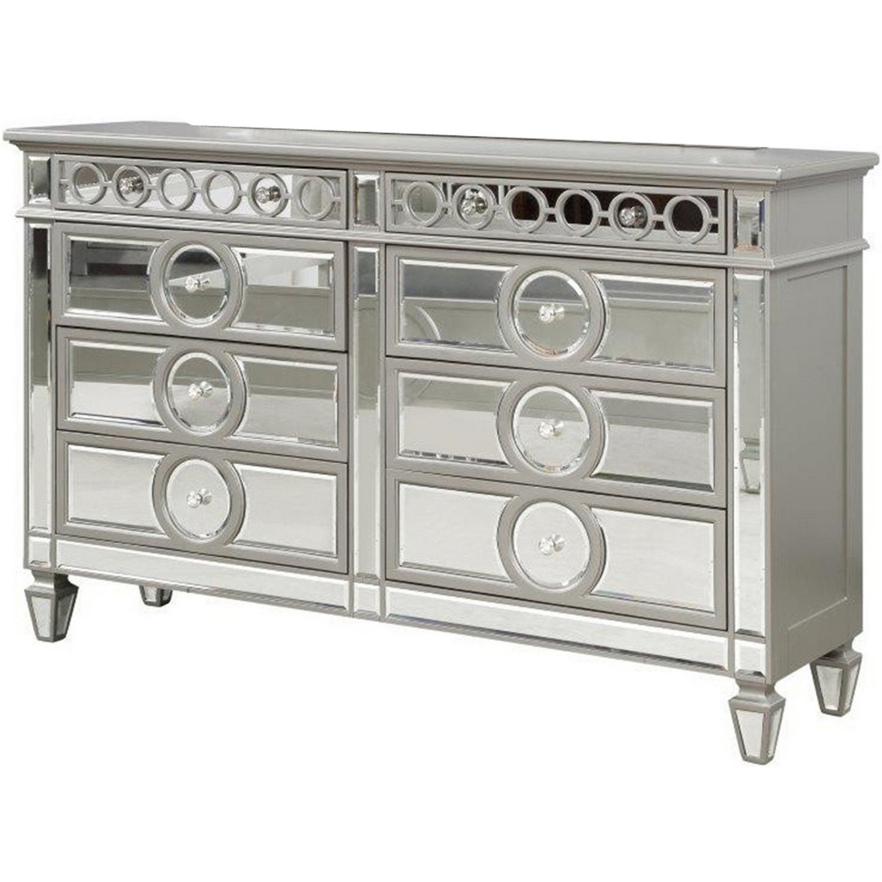 Jack 64 Inch Dresser, 6 Gliding Drawers, Mirror Panel Inserts, Silver