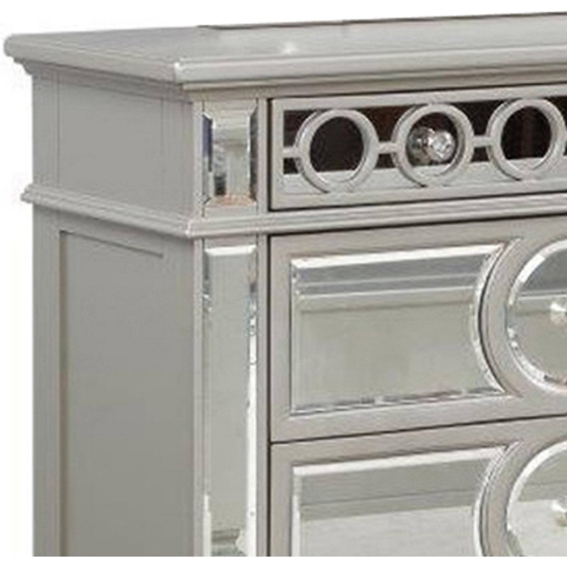 Jack 64 Inch Dresser, 6 Gliding Drawers, Mirror Panel Inserts, Silver