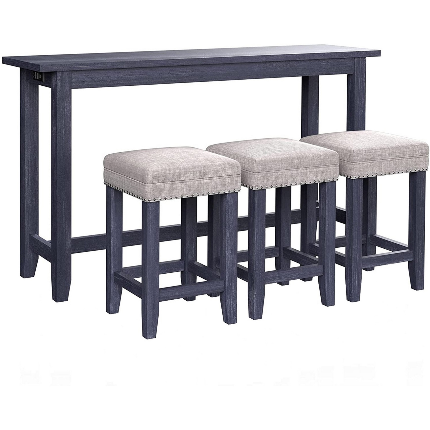 Eala 4 Piece Counter Height Table and Stool Set, Blue Wood, Gray Fabric