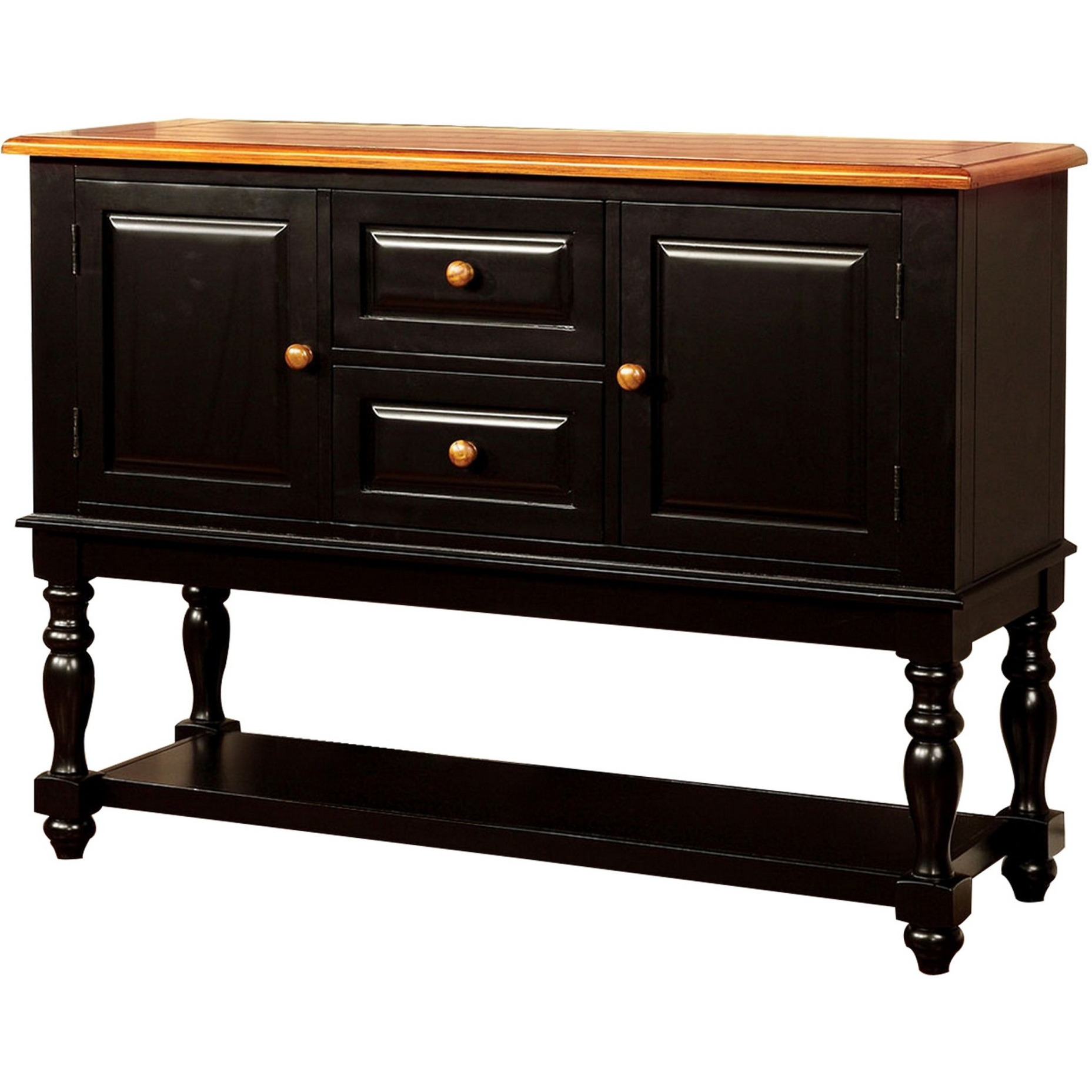 Fritz 52 Inch Server, 2 Cabinets, 2 Drawers, Black, Oak Brown, Turned Legs