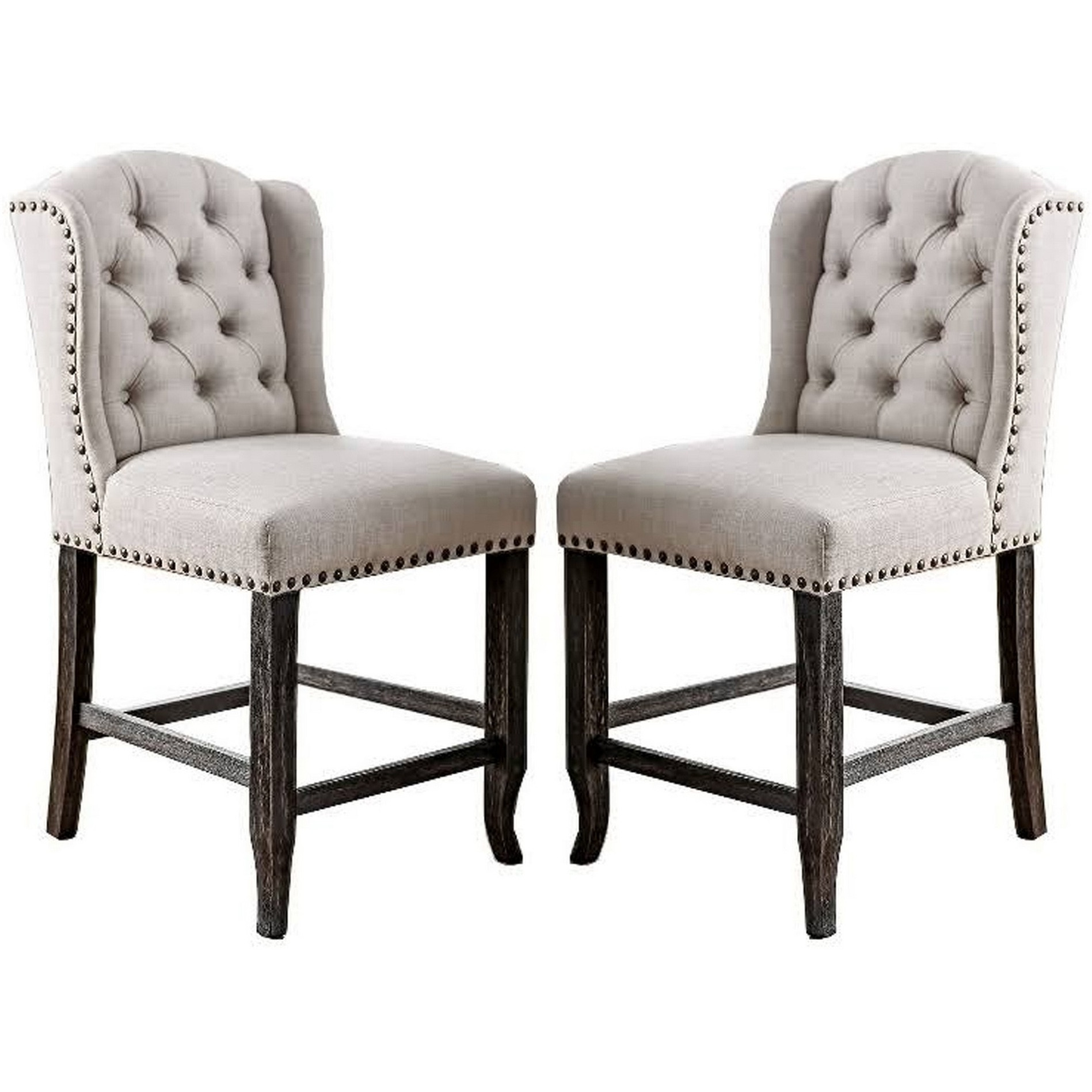 Bega 24 Inch Counter Height Chair, Set of 2, Wingback, Tufted, Light Gray