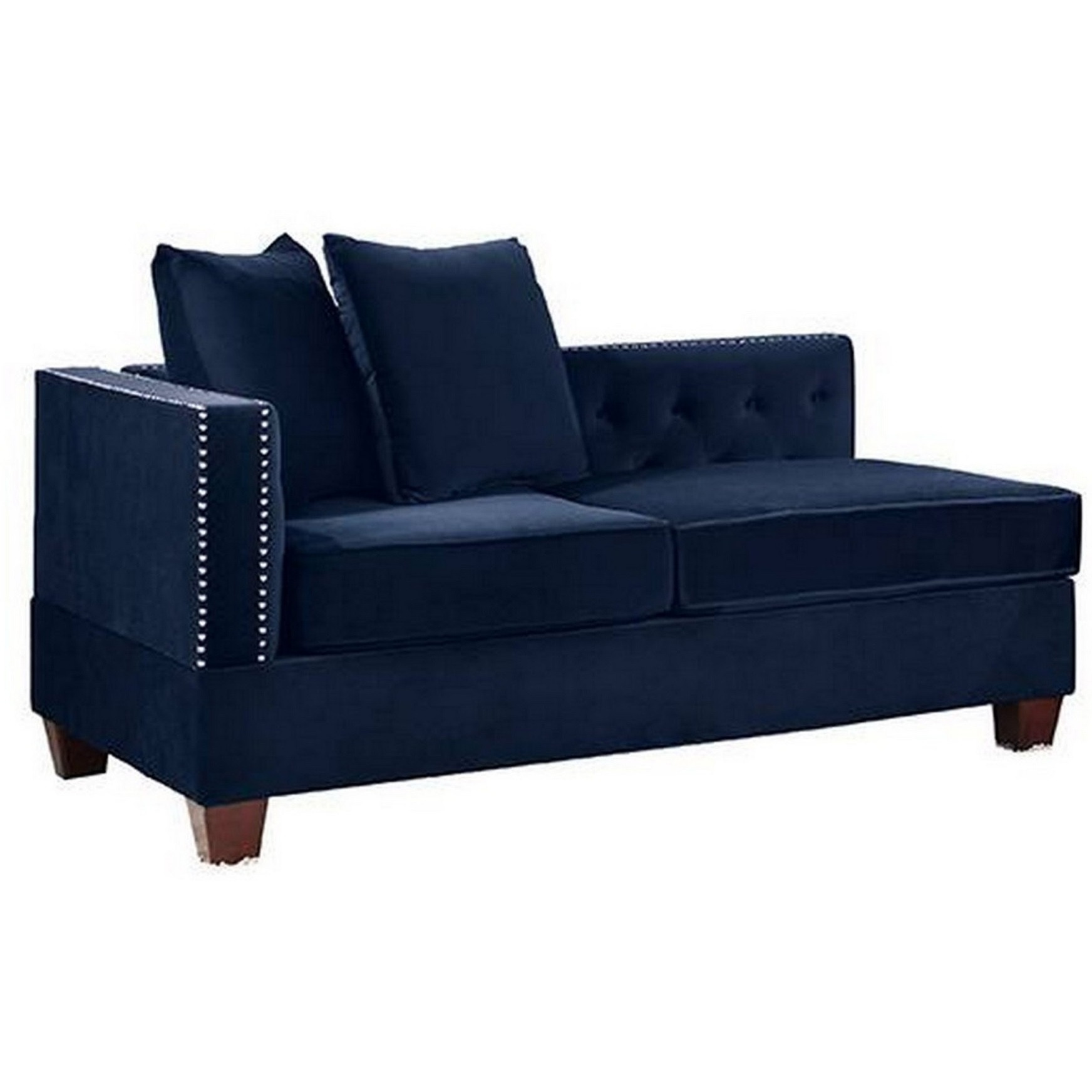 Mina 58 Inch One Arm Reversible Chaise, 2 Pillows, Nailhead Trim, Indigo