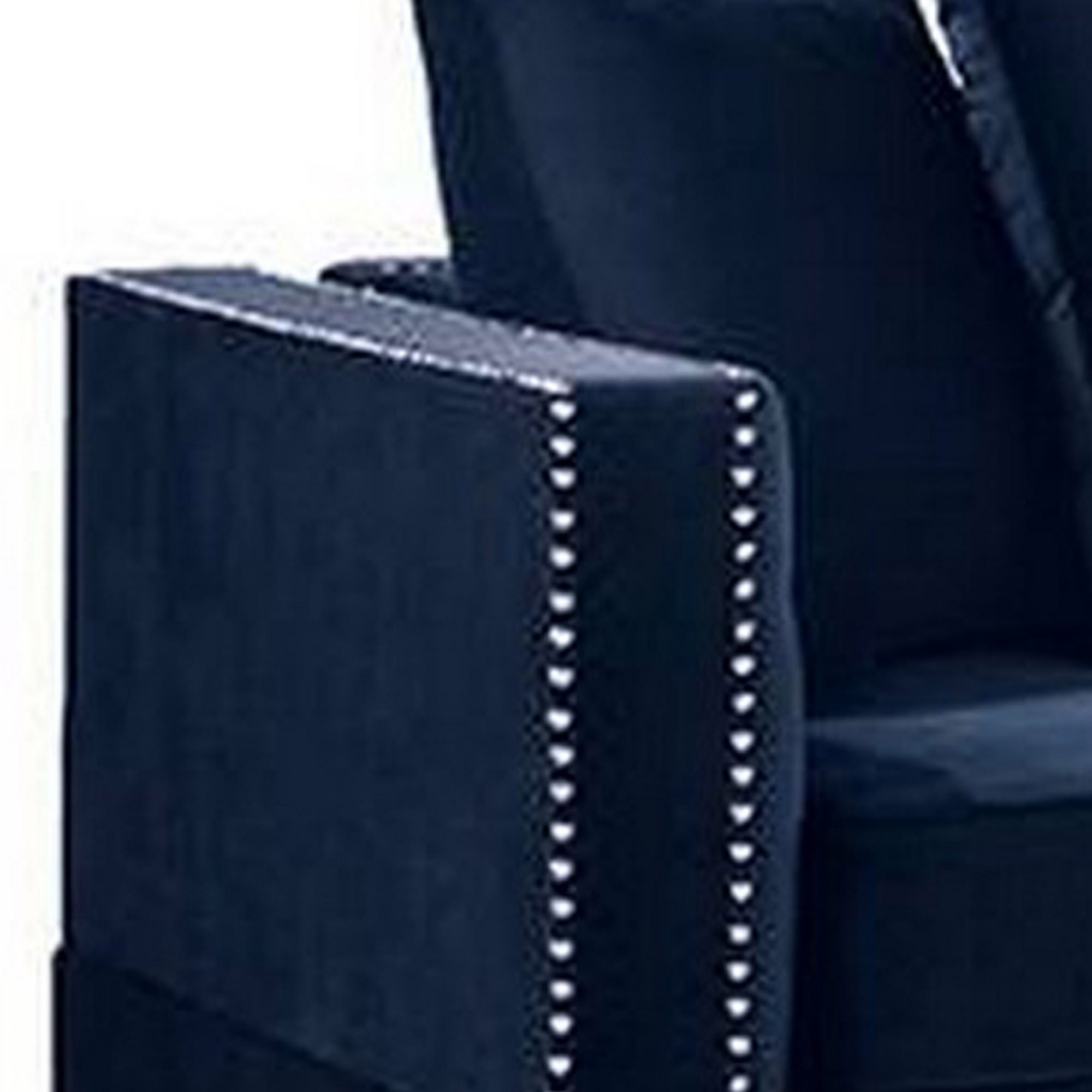 Mina 58 Inch One Arm Reversible Chaise, 2 Pillows, Nailhead Trim, Indigo