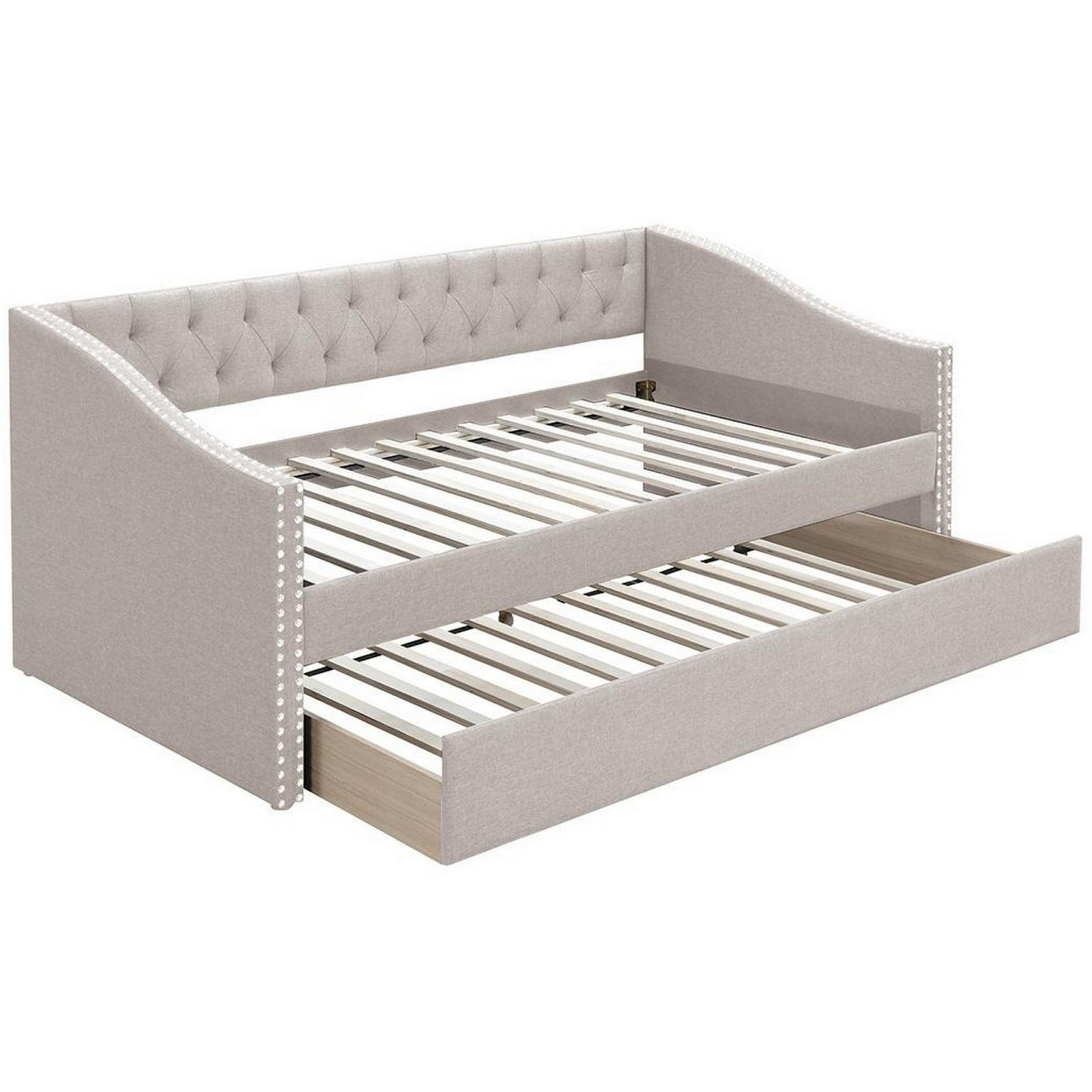 Ann Modern Wood Day Bed with Trundle, Straight Tufted Back, Taupe Burlap