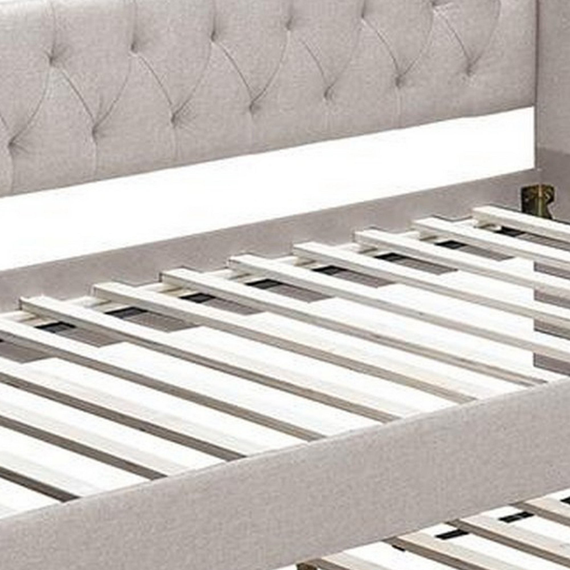 Ann Modern Wood Day Bed with Trundle, Straight Tufted Back, Taupe Burlap