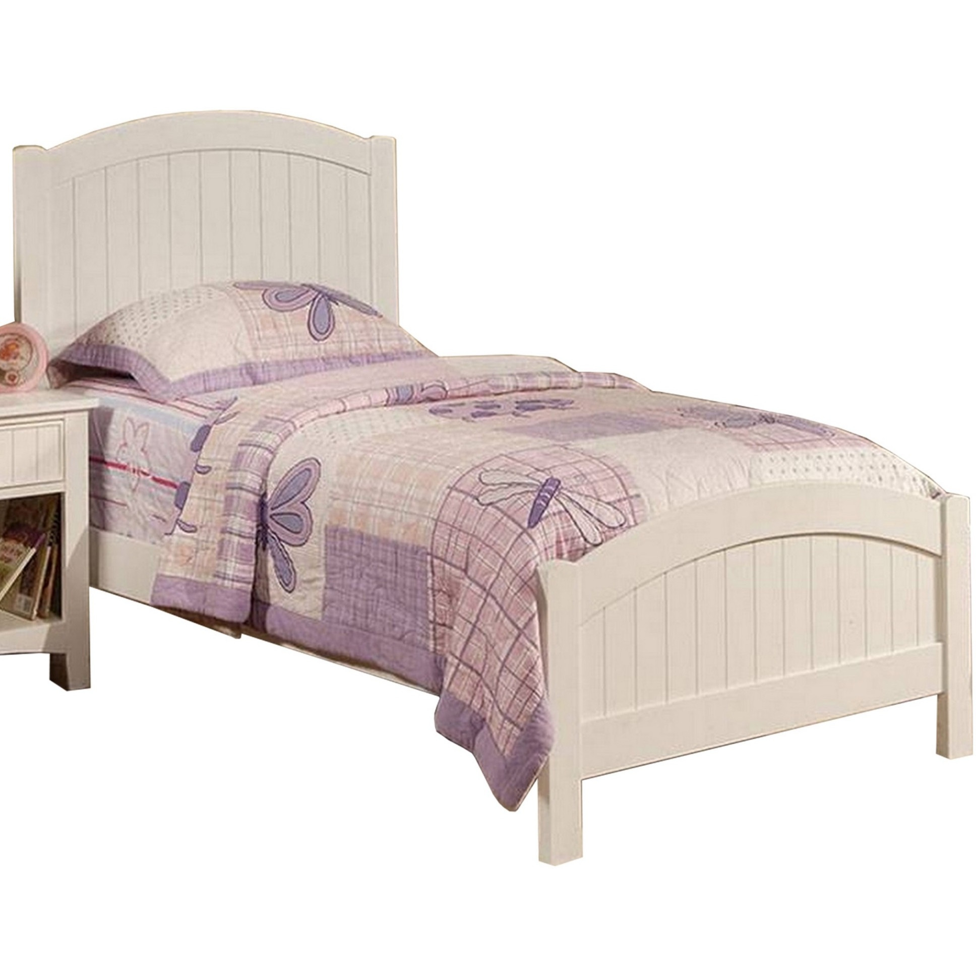Shov Twin Size Bed, Arched Headboard, Classic White Wood Construction