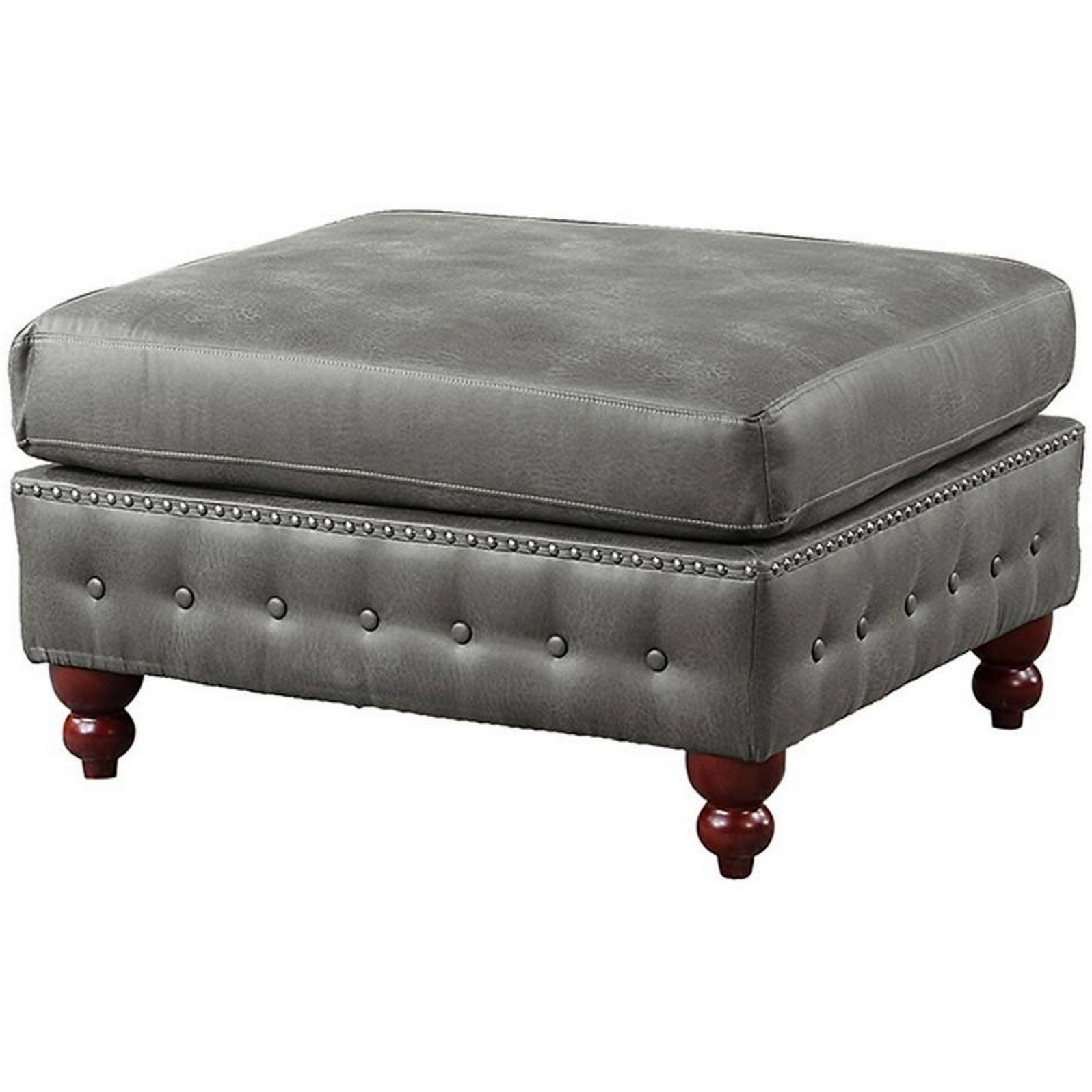 Simi 34 Inch Square Ottoman, Handcrafted Legs, Gray Vegan Faux Leather