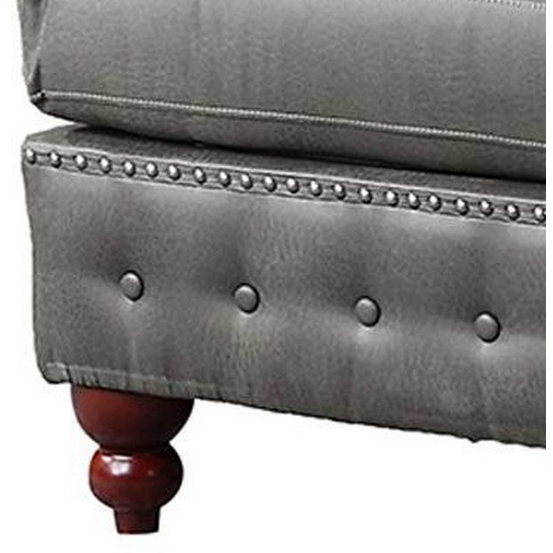 Simi 34 Inch Square Ottoman, Handcrafted Legs, Gray Vegan Faux Leather