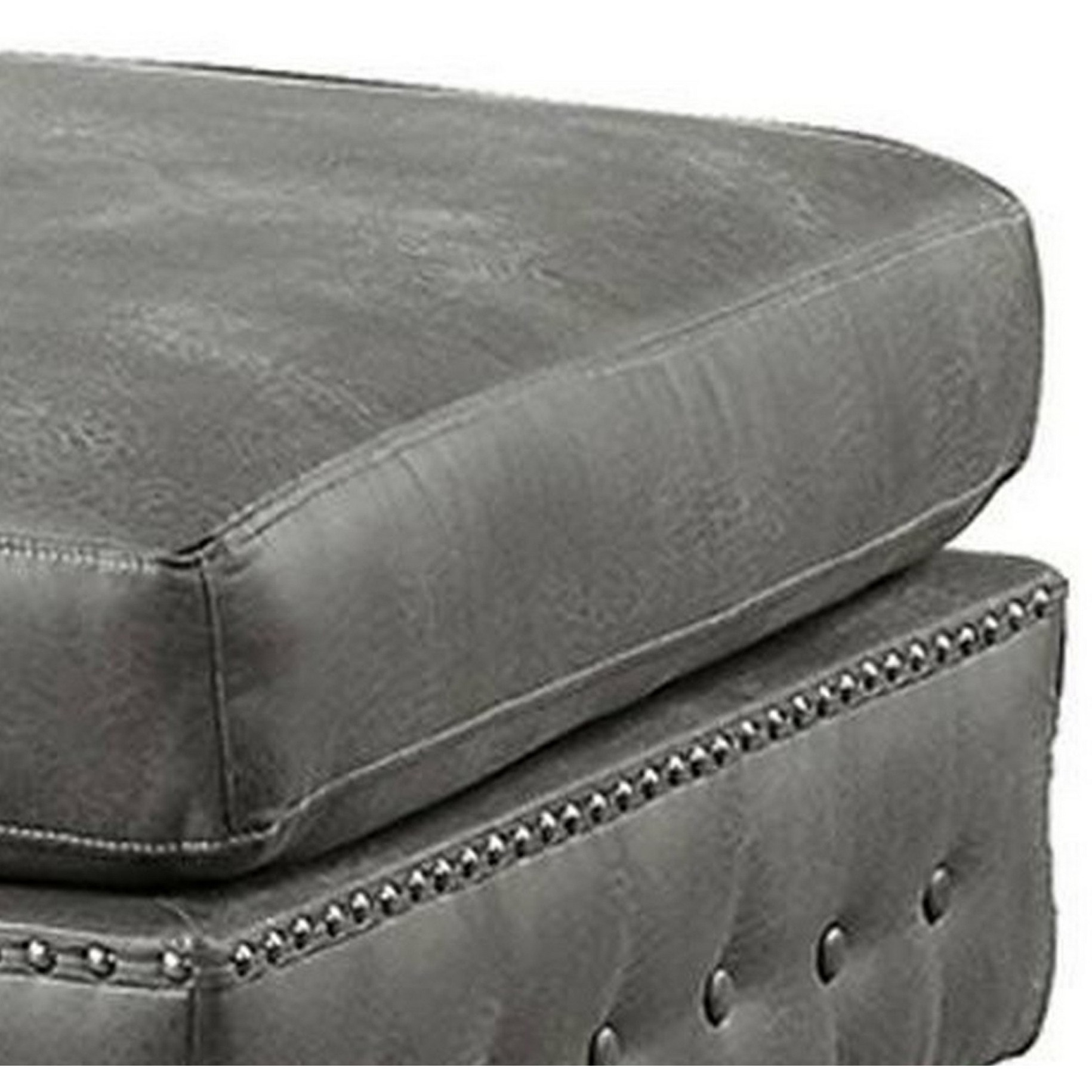 Simi 34 Inch Square Ottoman, Handcrafted Legs, Gray Vegan Faux Leather