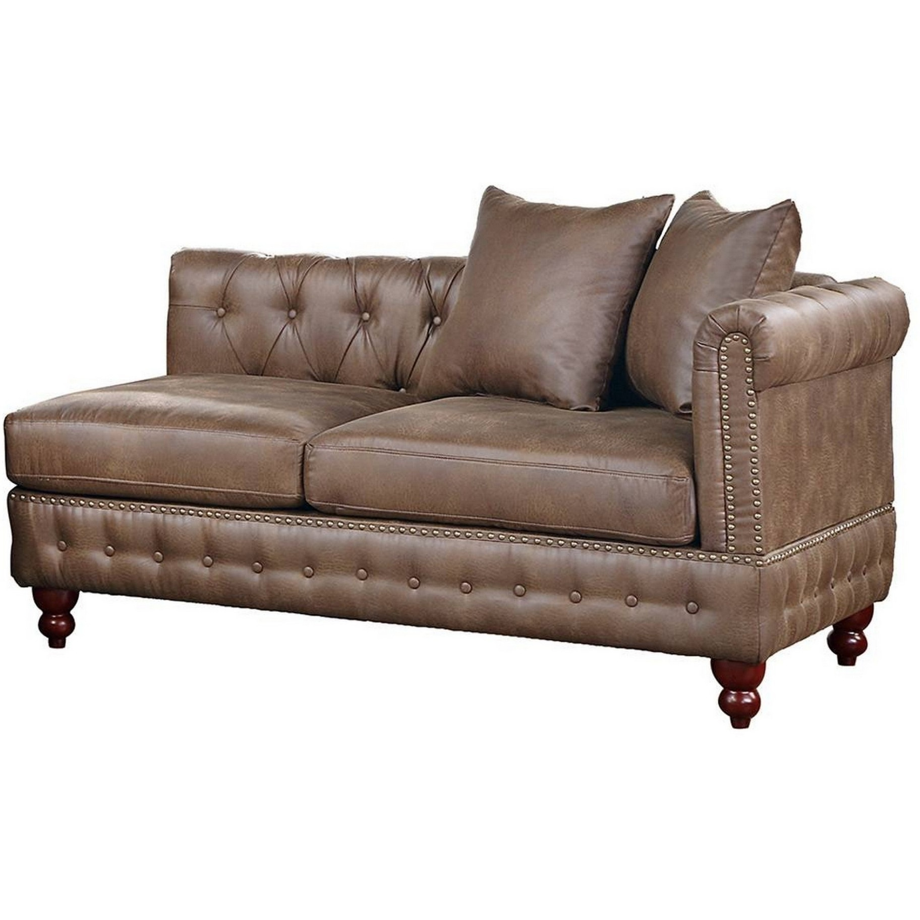 Simi 61 Inch One Arm Chaise, 2 Pillows, Nailhead Trim, Brown Faux Leather