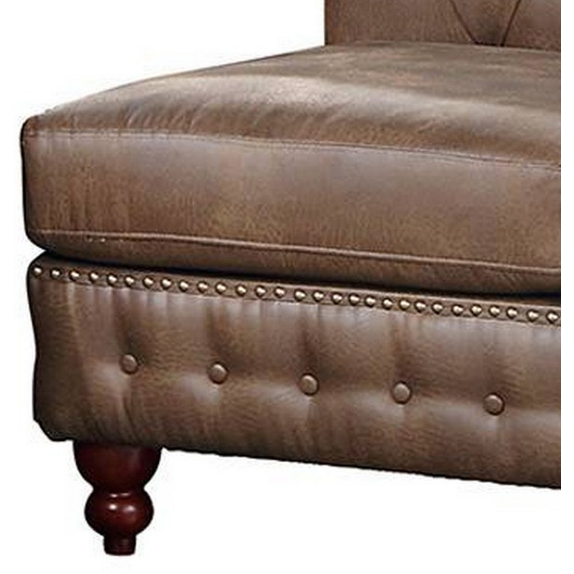 Simi 61 Inch One Arm Chaise, 2 Pillows, Nailhead Trim, Brown Faux Leather