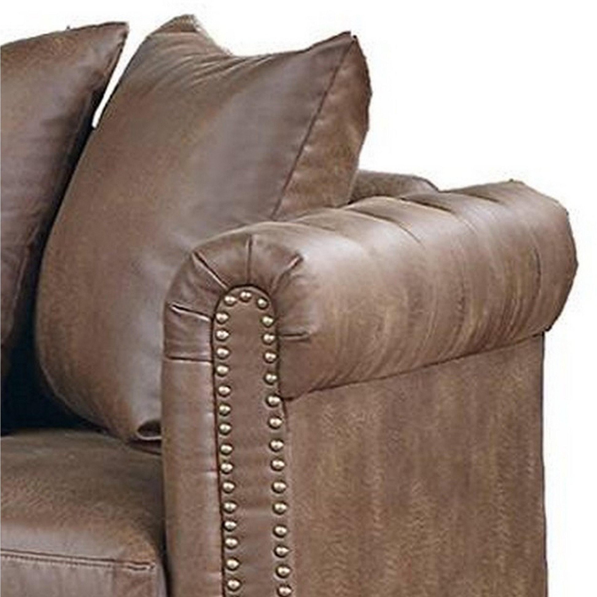Simi 61 Inch One Arm Chaise, 2 Pillows, Nailhead Trim, Brown Faux Leather