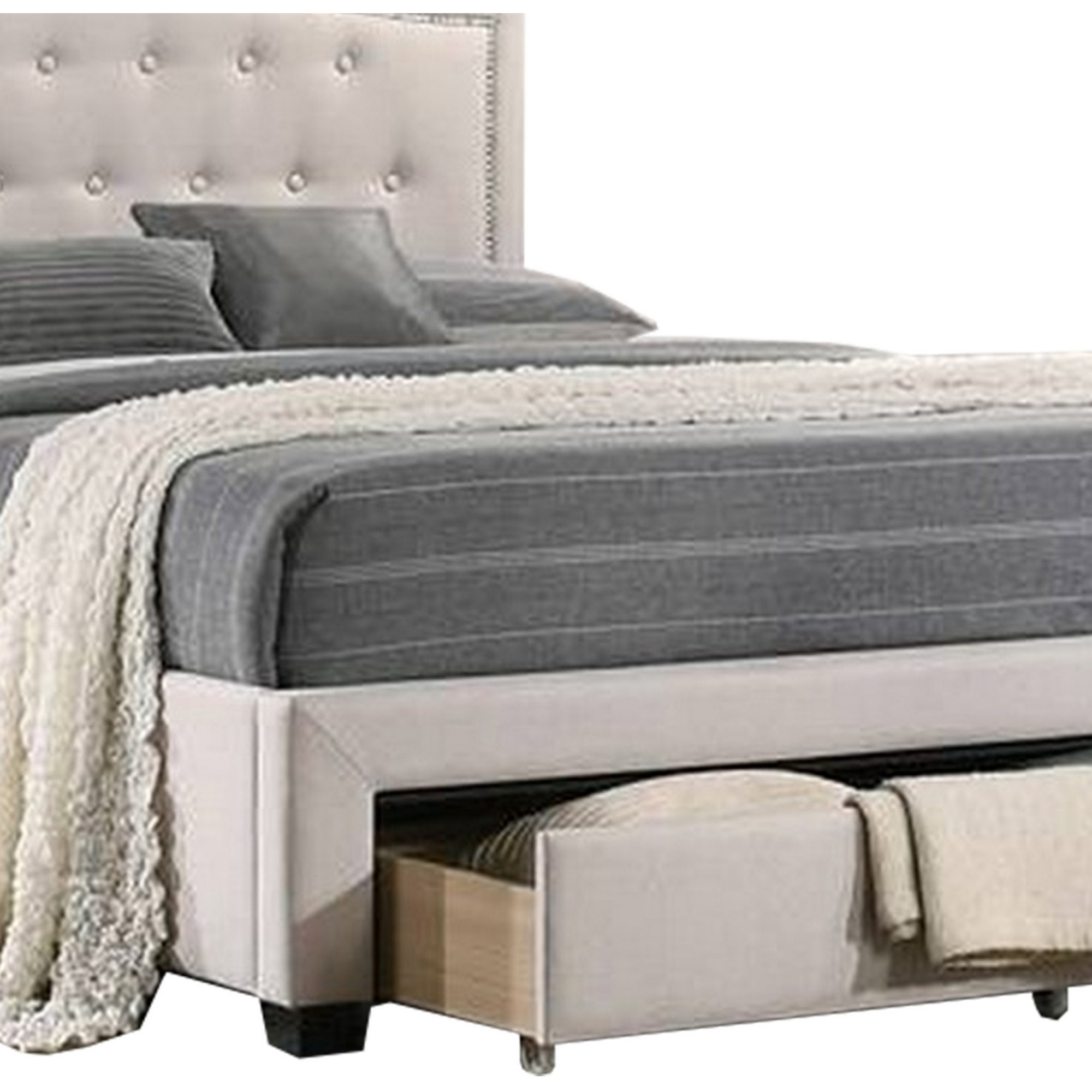 Buk Upholstered Tufted Twin Bed with Storage, Nailhead Trim, Ivory Burlap