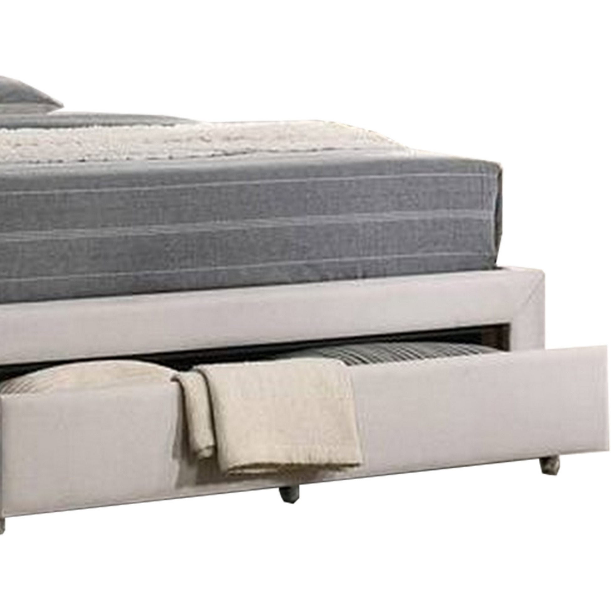 Buk Upholstered Tufted Twin Bed with Storage, Nailhead Trim, Ivory Burlap