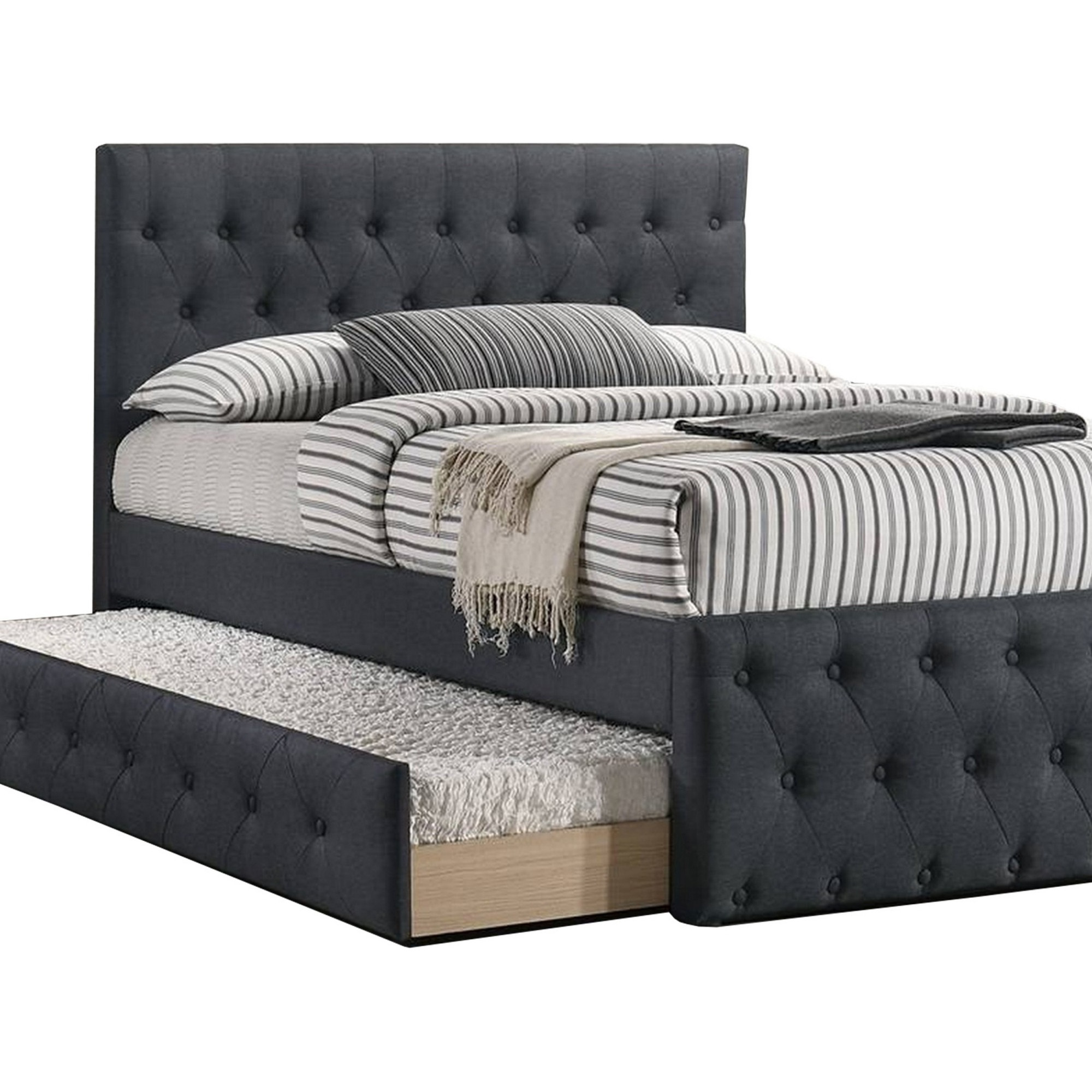 Nek Wood Twin Size Upholstered Bed with Trundle, Tufted Charcoal Burlap