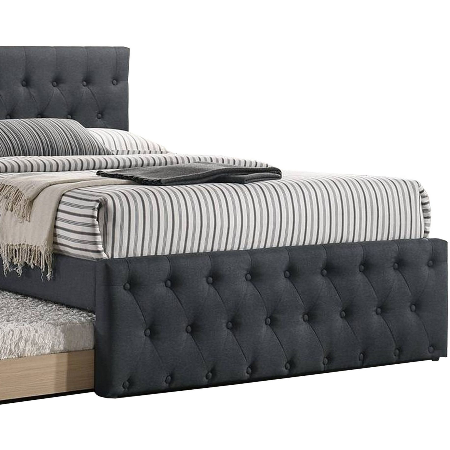 Nek Wood Twin Size Upholstered Bed with Trundle, Tufted Charcoal Burlap