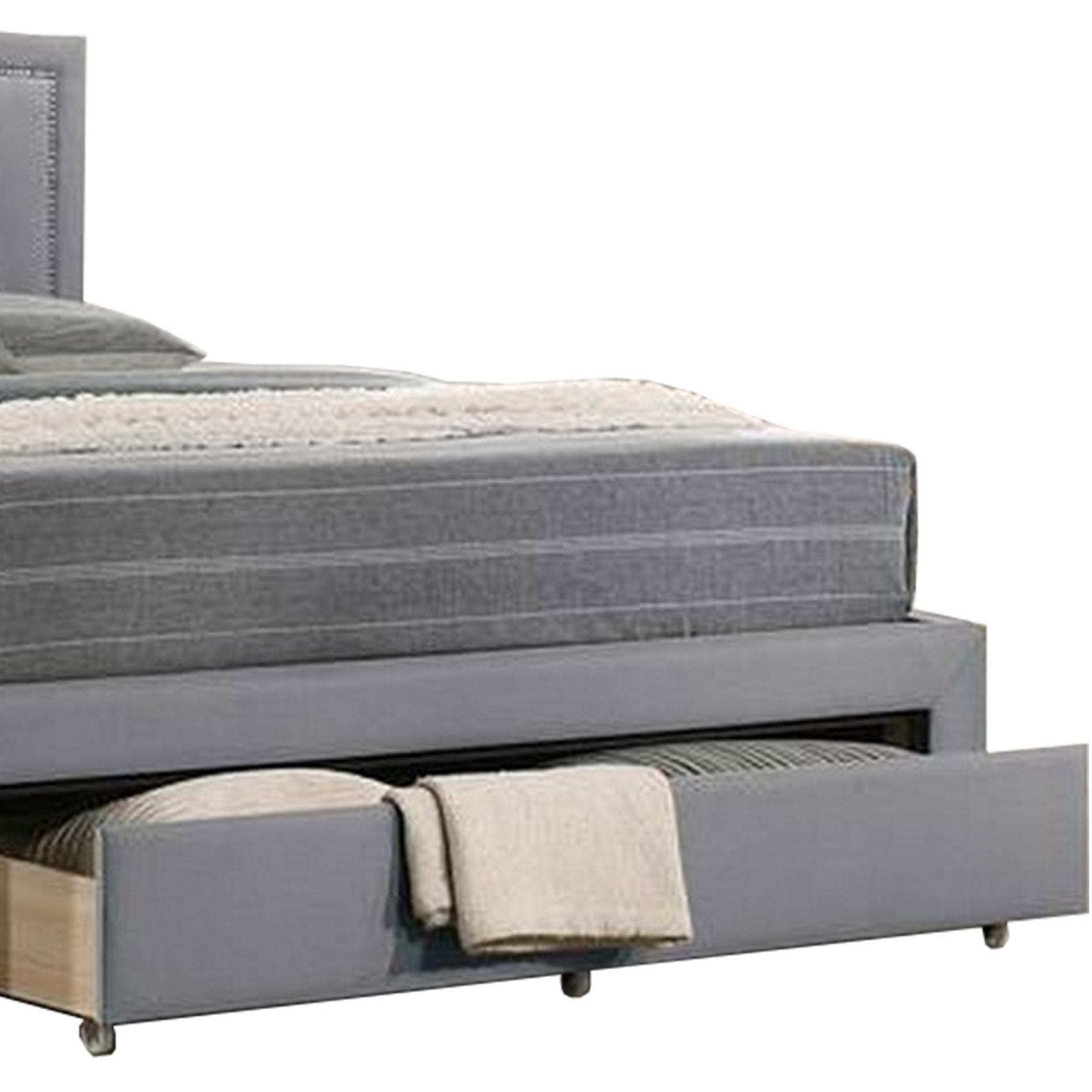 Buk Upholstered Tufted Twin Bed with Storage, Nailhead Trim, Gray Burlap