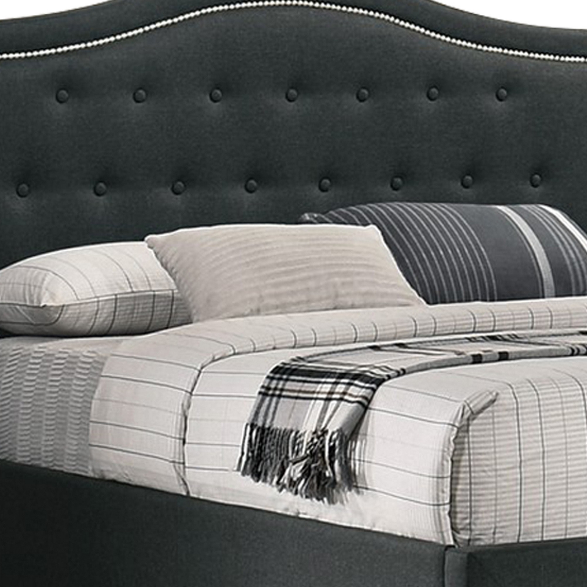 Buk California King Bed, Upholstered Tufted Headboard, Charcoal Burlap