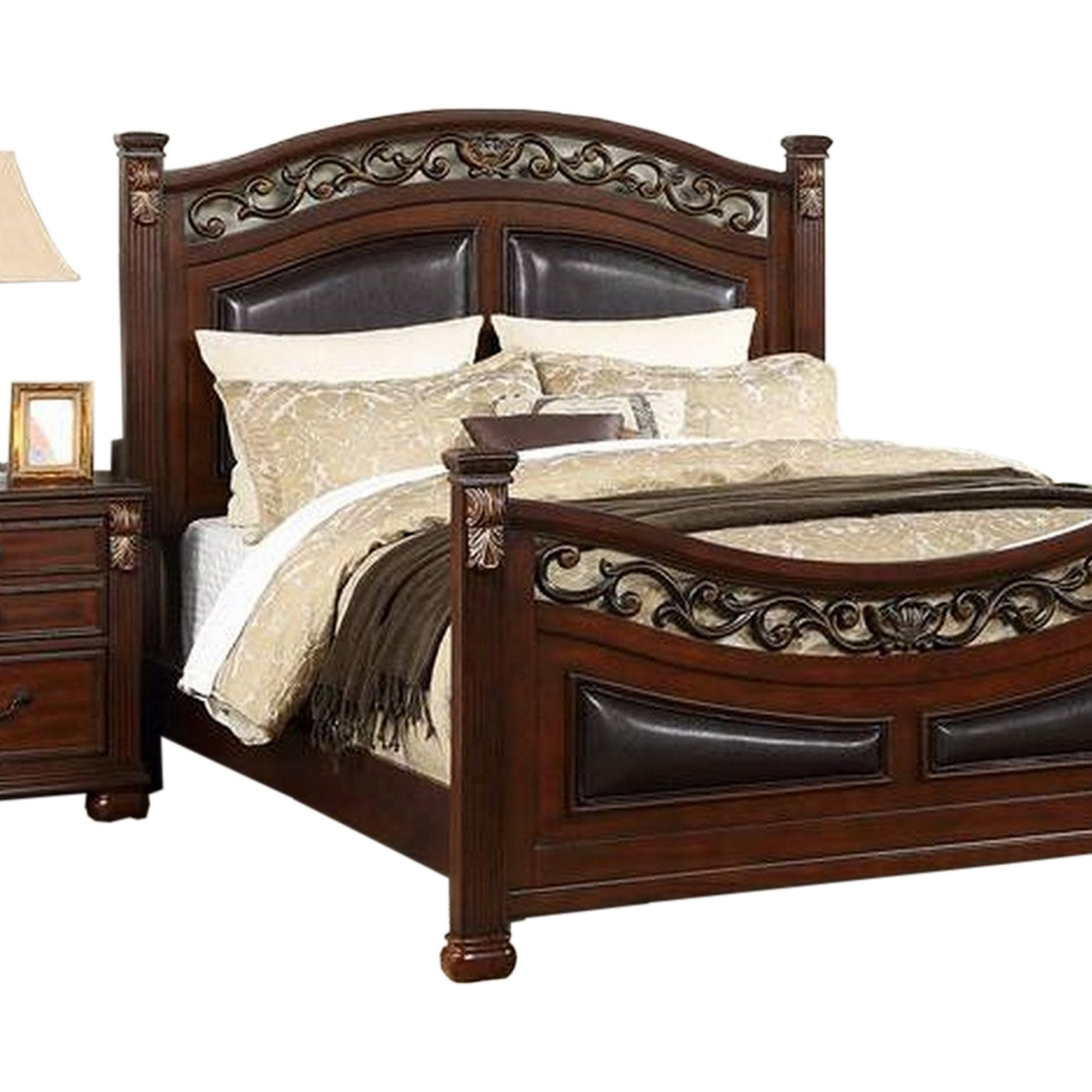 Miri Arched Queen Bed, Carved Leaf Details, Reeded Pilasters, Oak Brown
