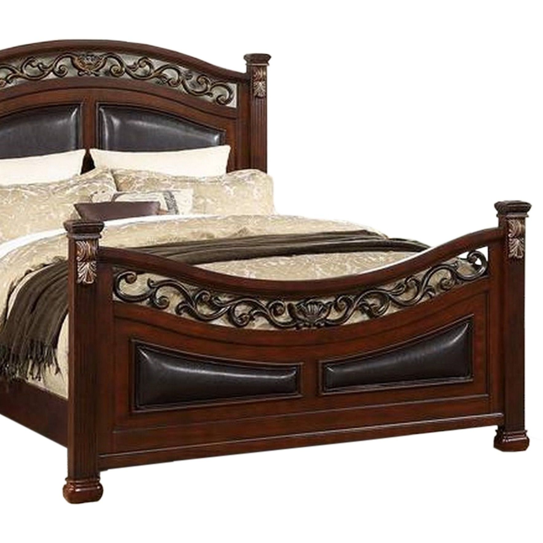 Miri Arched Queen Bed, Carved Leaf Details, Reeded Pilasters, Oak Brown