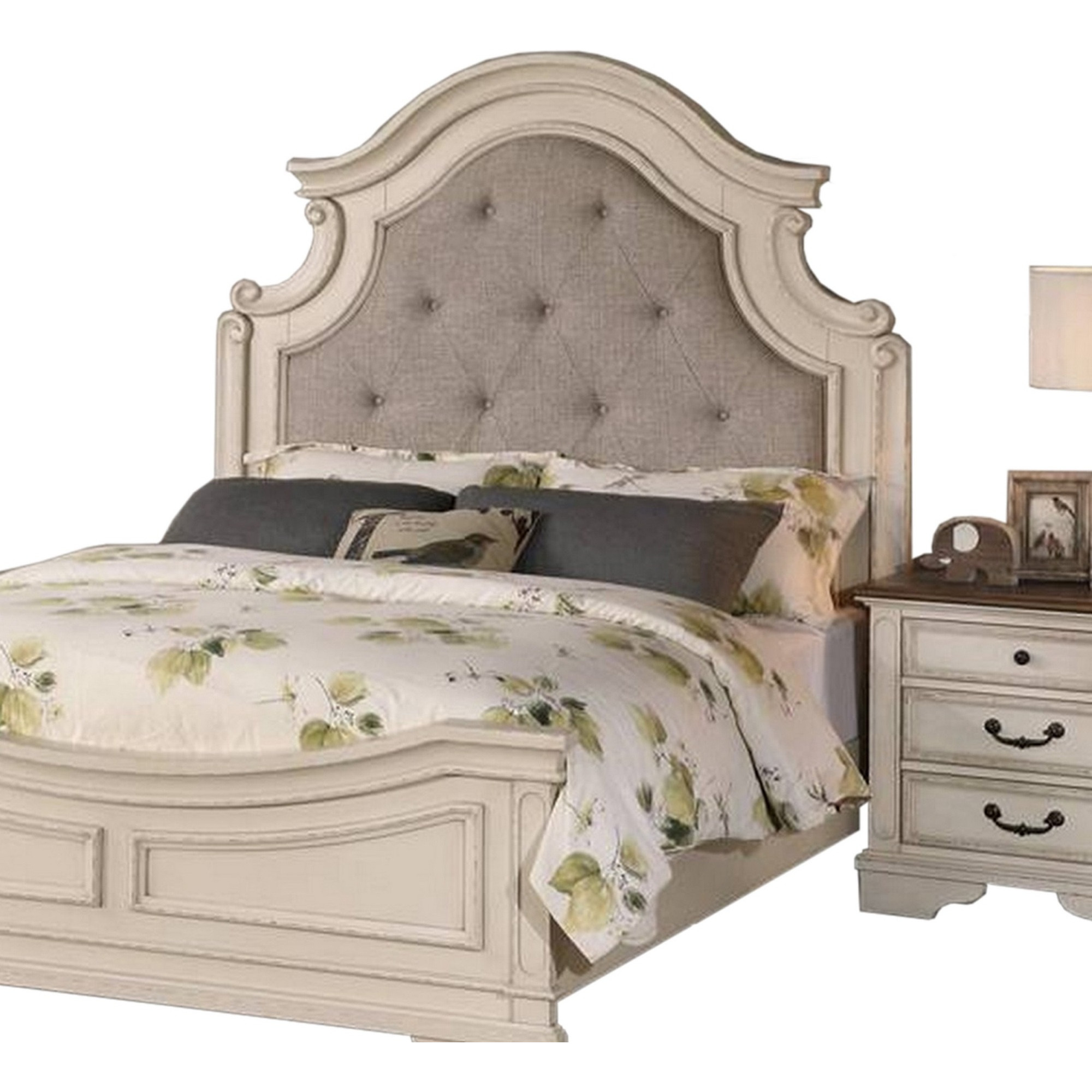 Lupe Queen Size Bed, Gray Upholstered Scalloped Frame, Antique White Finish