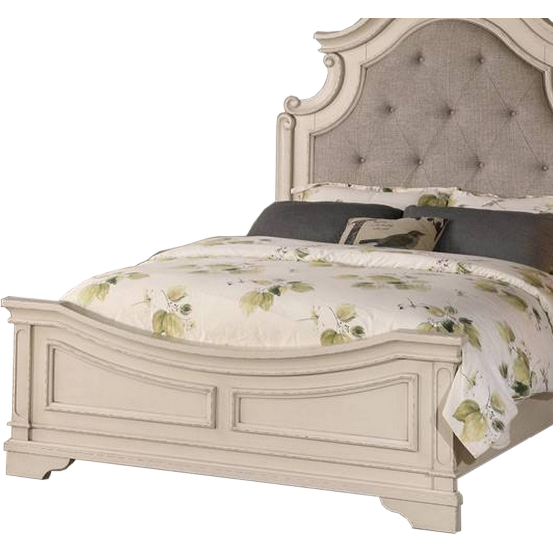 Lupe Queen Size Bed, Gray Upholstered Scalloped Frame, Antique White Finish