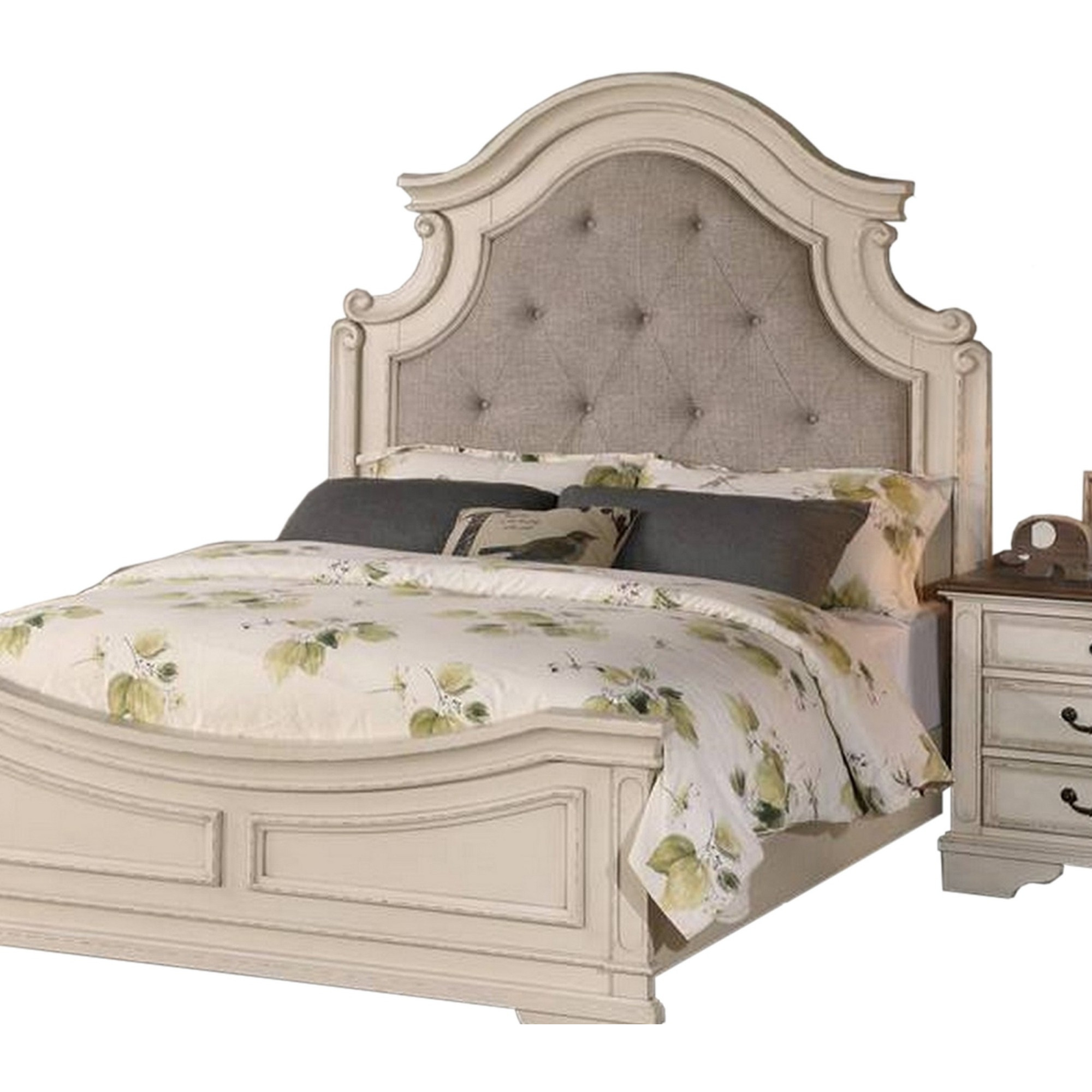 Lupe King Size Bed, Gray Upholstered Scalloped Frame, Antique White Finish
