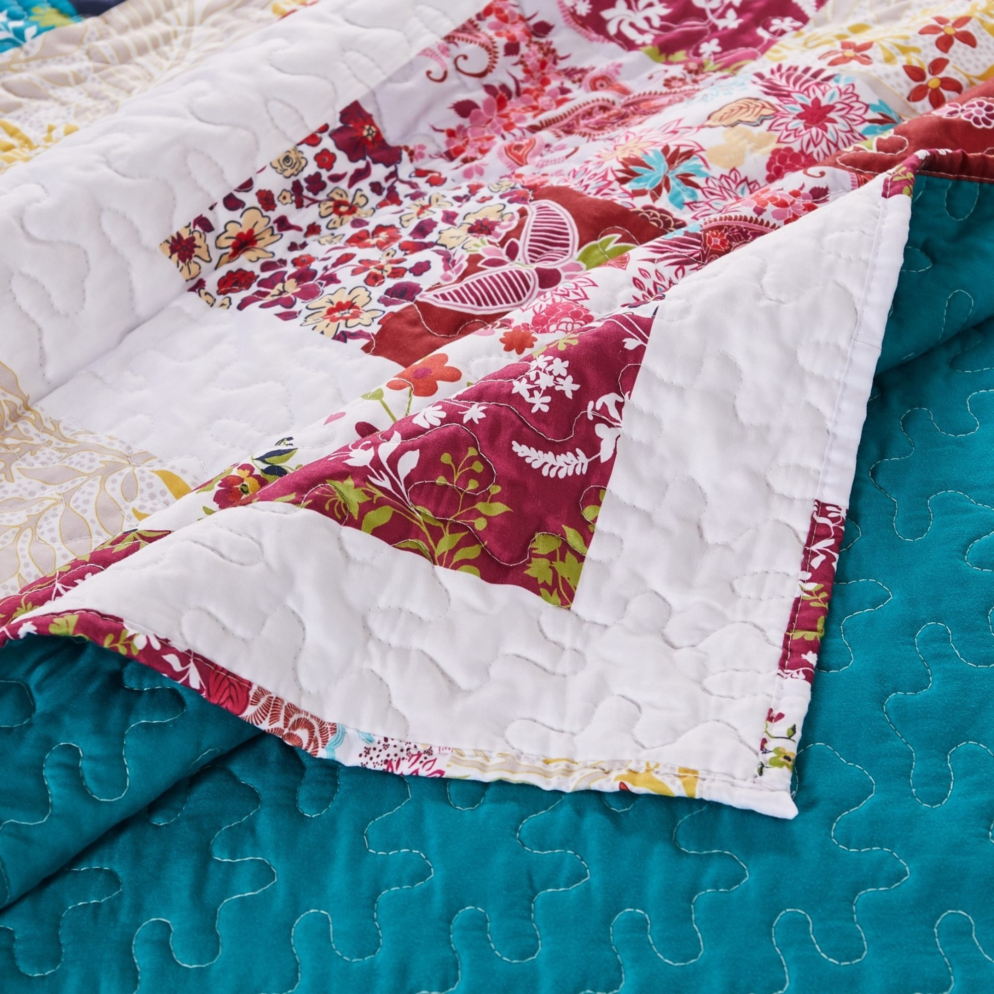 Zay 60 Inch Throw Blanket, Patchwork Floral Print, Teal Blue Microfiber