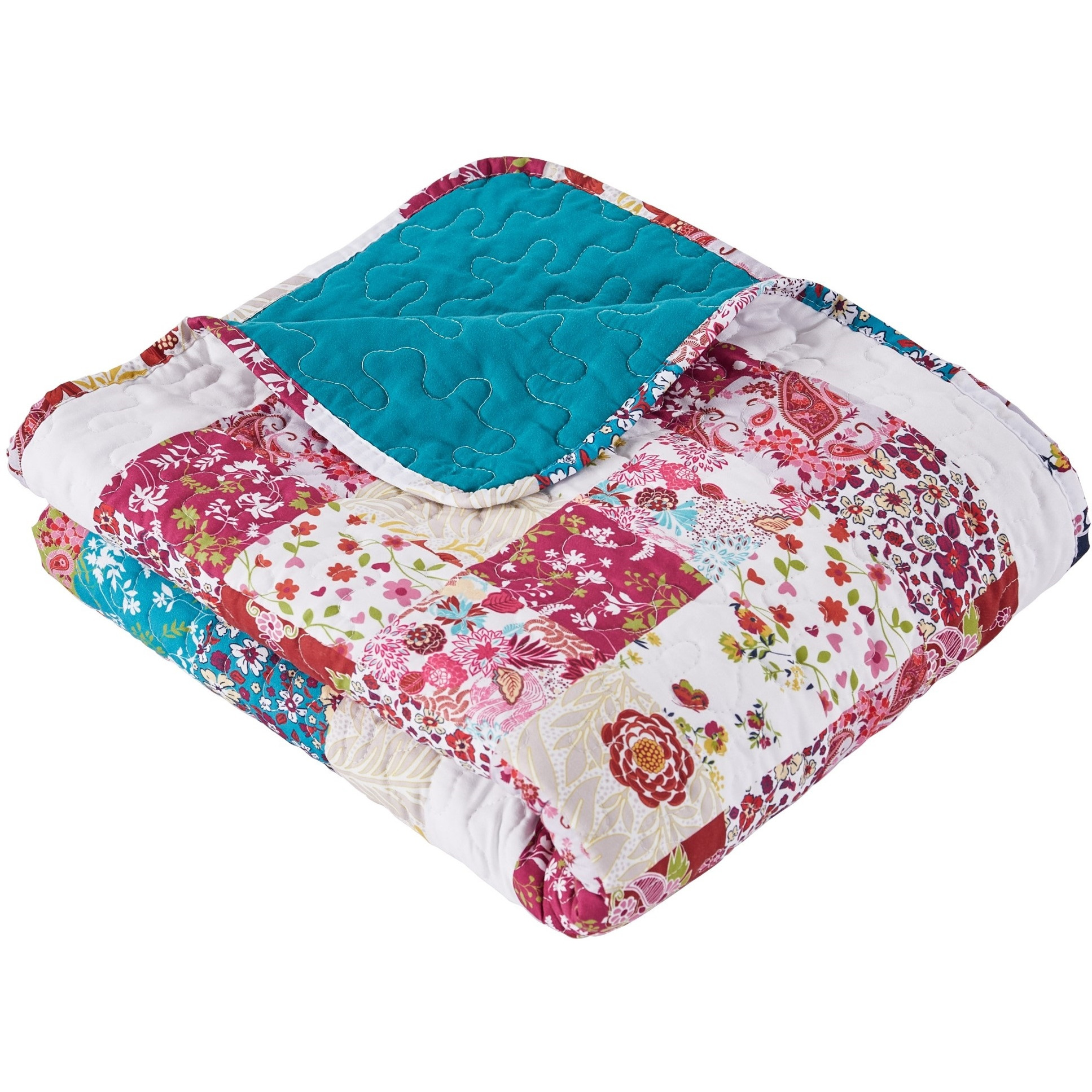 Zay 60 Inch Throw Blanket, Patchwork Floral Print, Teal Blue Microfiber