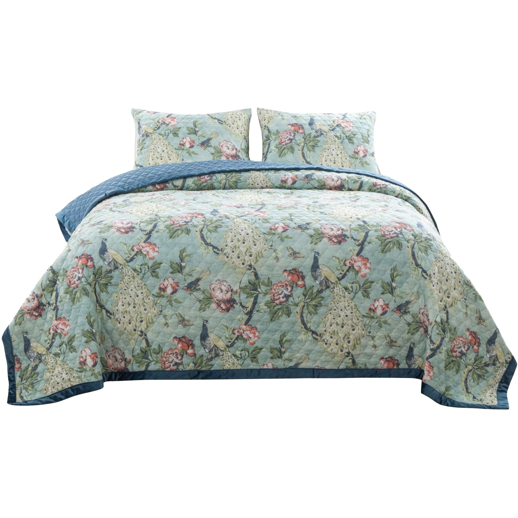 Eden 2 Piece Twin XL Quilt Set, Peacock and Songbirds, Green Microfiber