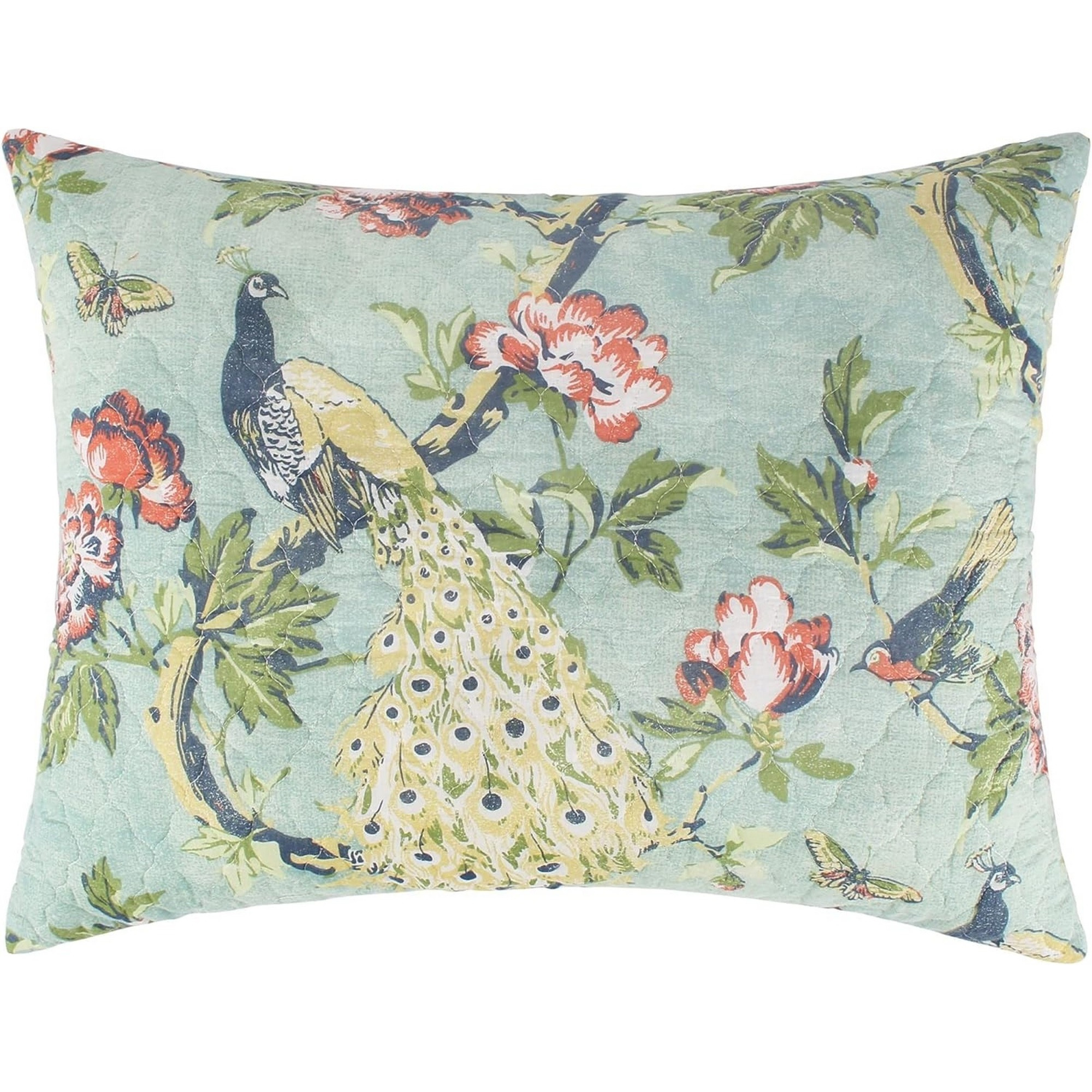 Eden 2 Piece Twin XL Quilt Set, Peacock and Songbirds, Green Microfiber
