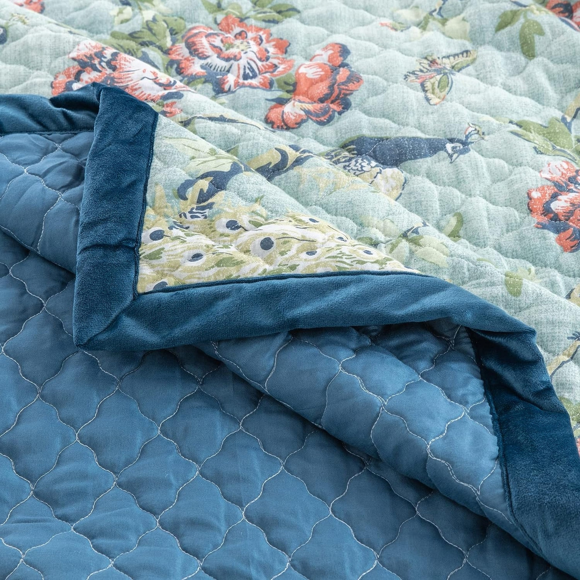 Eden 2 Piece Twin XL Quilt Set, Peacock and Songbirds, Green Microfiber