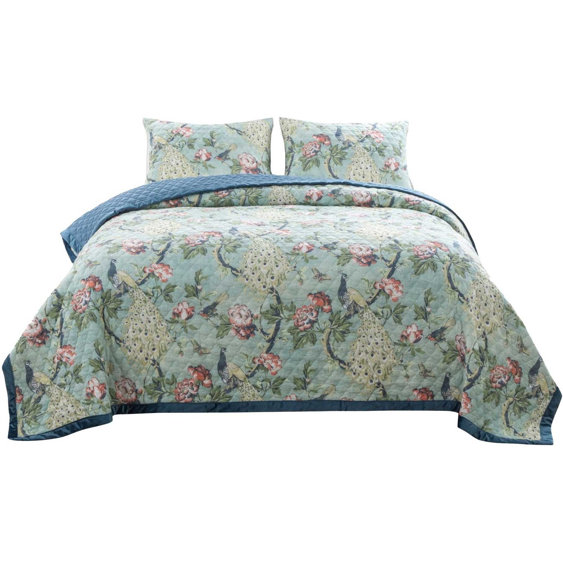 Eden 3 Piece King Quilt Set, Peacock Print, Green Microfiber