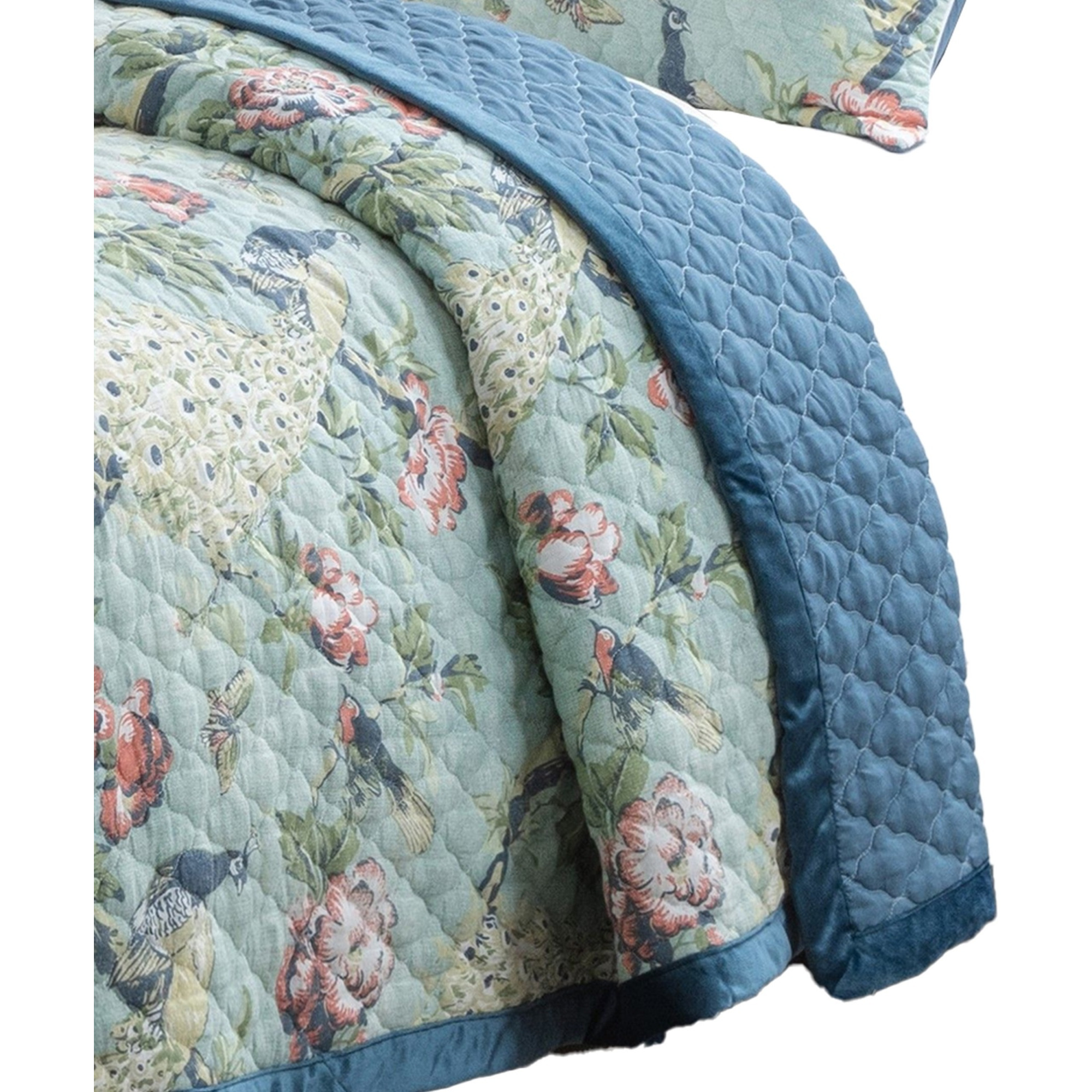 Eden 3 Piece King Quilt Set, Peacock Print, Green Microfiber
