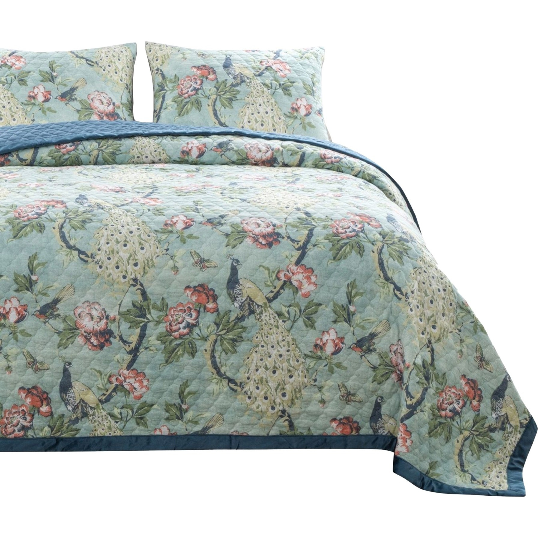 Eden 3 Piece King Quilt Set, Peacock Print, Green Microfiber