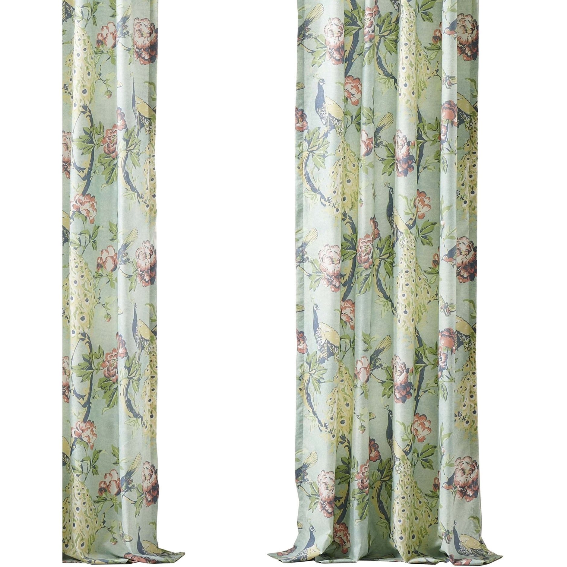 Eden 84 Inch WIndow Curtains, Butterflies and Songbirds, Green Microfiber