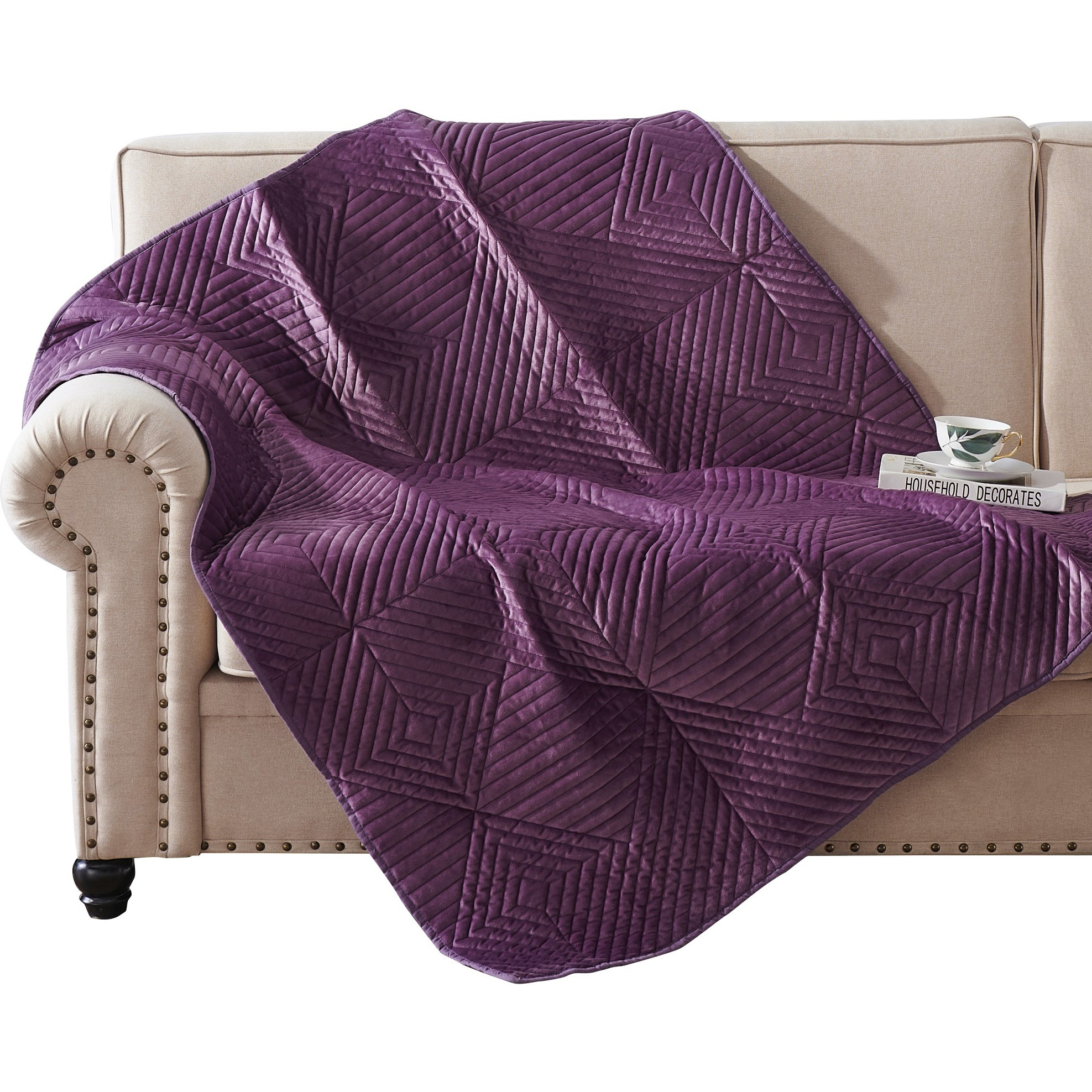 Rio 60 Inch Quilted Throw Blanket, Diamond Stitching, Purple Dutch Velvet